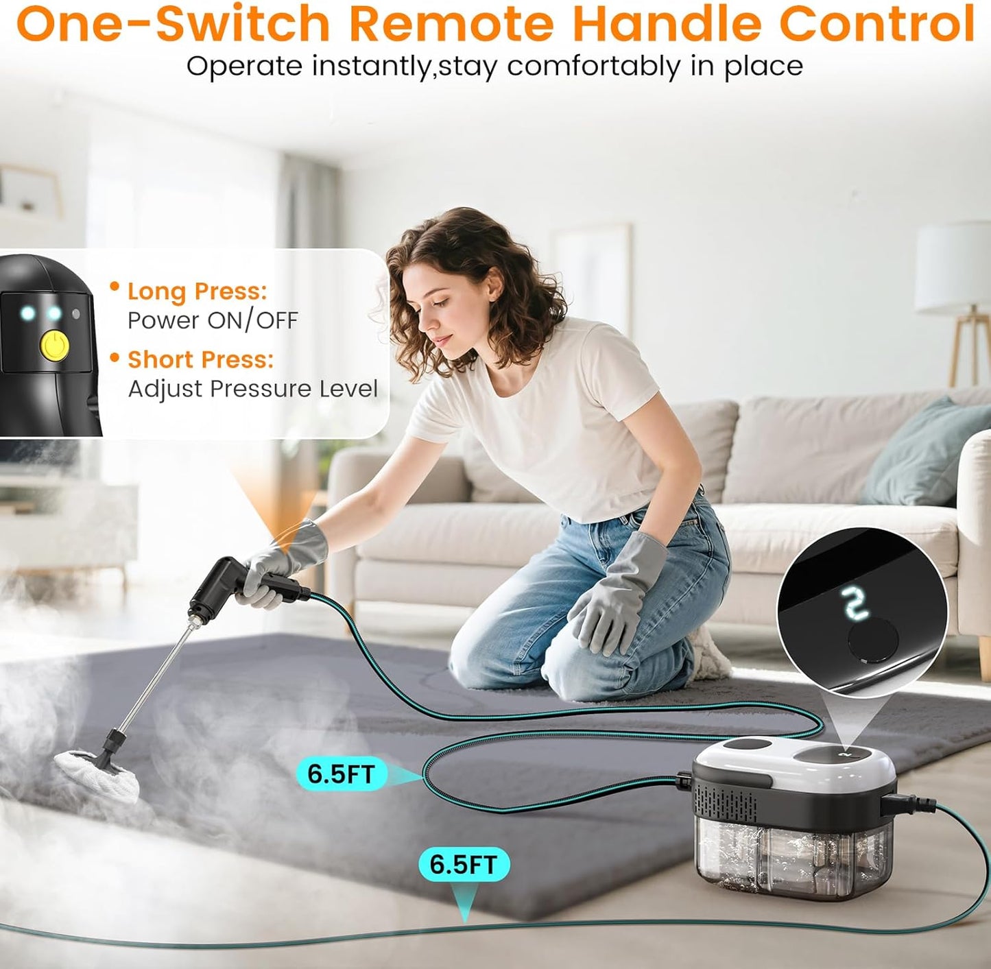 Pressurized Steam Cleaner, 3-Level Adjustable Handheld Steamer Cleaning for Home, 15s Fast Heat-Up & 47.3oz Tank, 2500W Multi-Surface Portable Steamer for Floor/Grout/Car/Kitchen & Bathroom