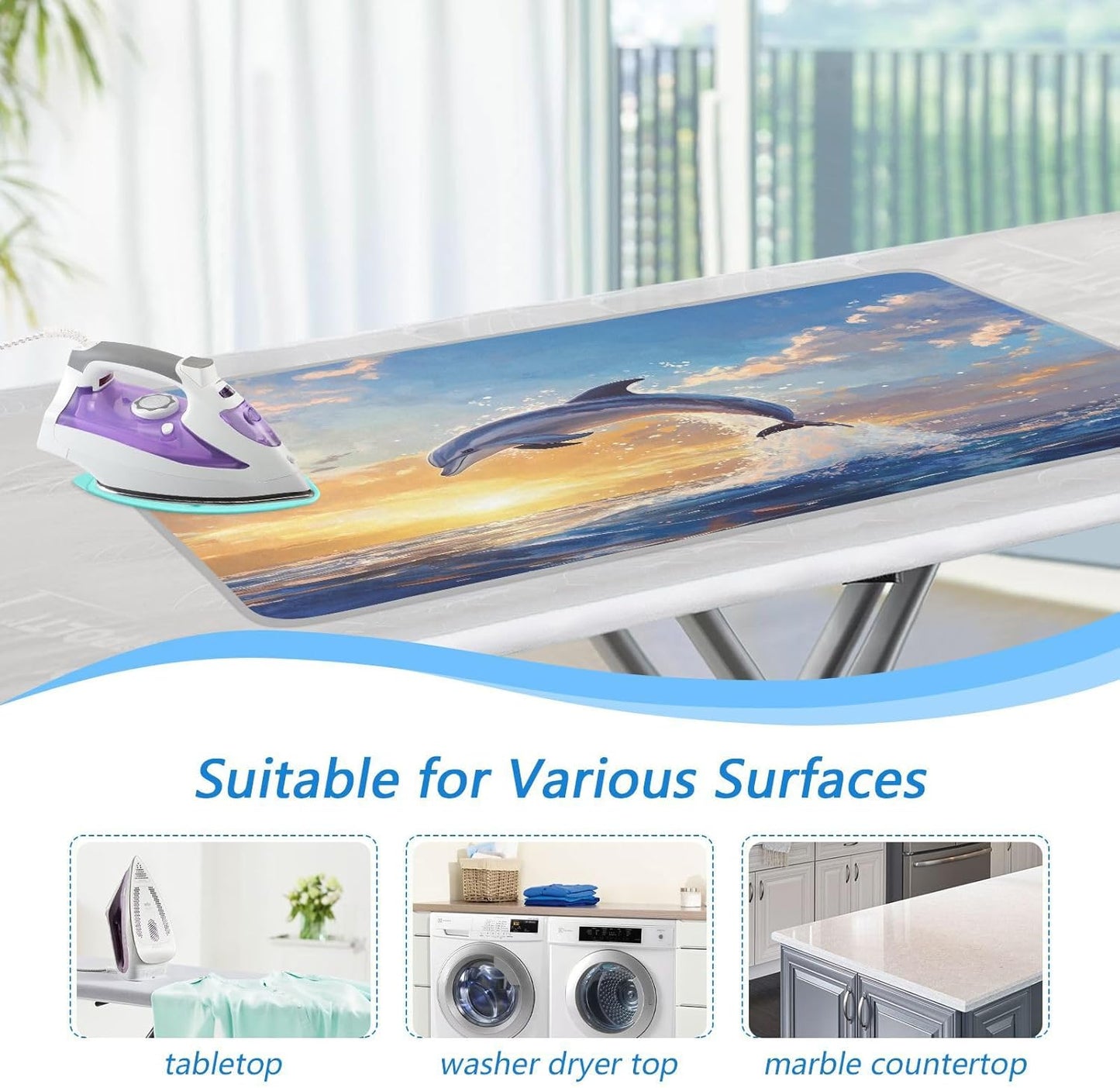 Dolphin Jumping Sunset Blue Ironing Mat Thickened Ironing Blanket Travel Portable Double-Side Using Ironing Pad Travel Isolate Heat Pad Cover for Washer Dryer Table Top Countertop 27.6x47.2in