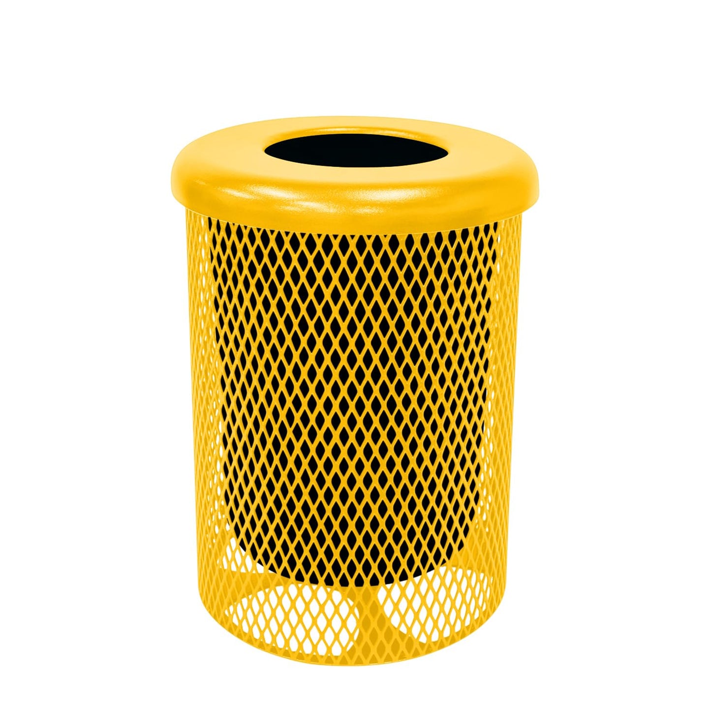 Coated Outdoor Furniture 32-Gallon Heavy-Duty Expanded Metal Round Trash Receptacle, Commercial Outdoor Waste Bin with Liner & Black Flat Top Lid – Made in America (Textured Yellow)