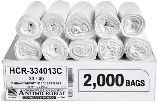 Aluf Plastics High Density Trash Bags, 33 Gallon, 2000 Count, 13 Micron (eq), 33" x 40", Clear, for Bathroom, Office, Industrial, Commercial, Janitorial, Municipal, Recycling