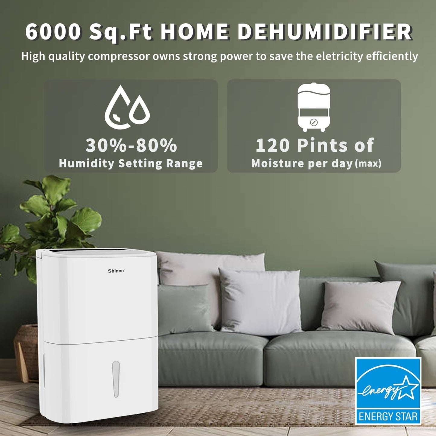 Shinco 6,000 Sq.Ft Energy Star Dehumidifier with WIFI, Ideal for Large Rooms and Home Basements, Efficient Moisture Removal with Adjustable Humidity Control, 1.32 Gallons Water Tank