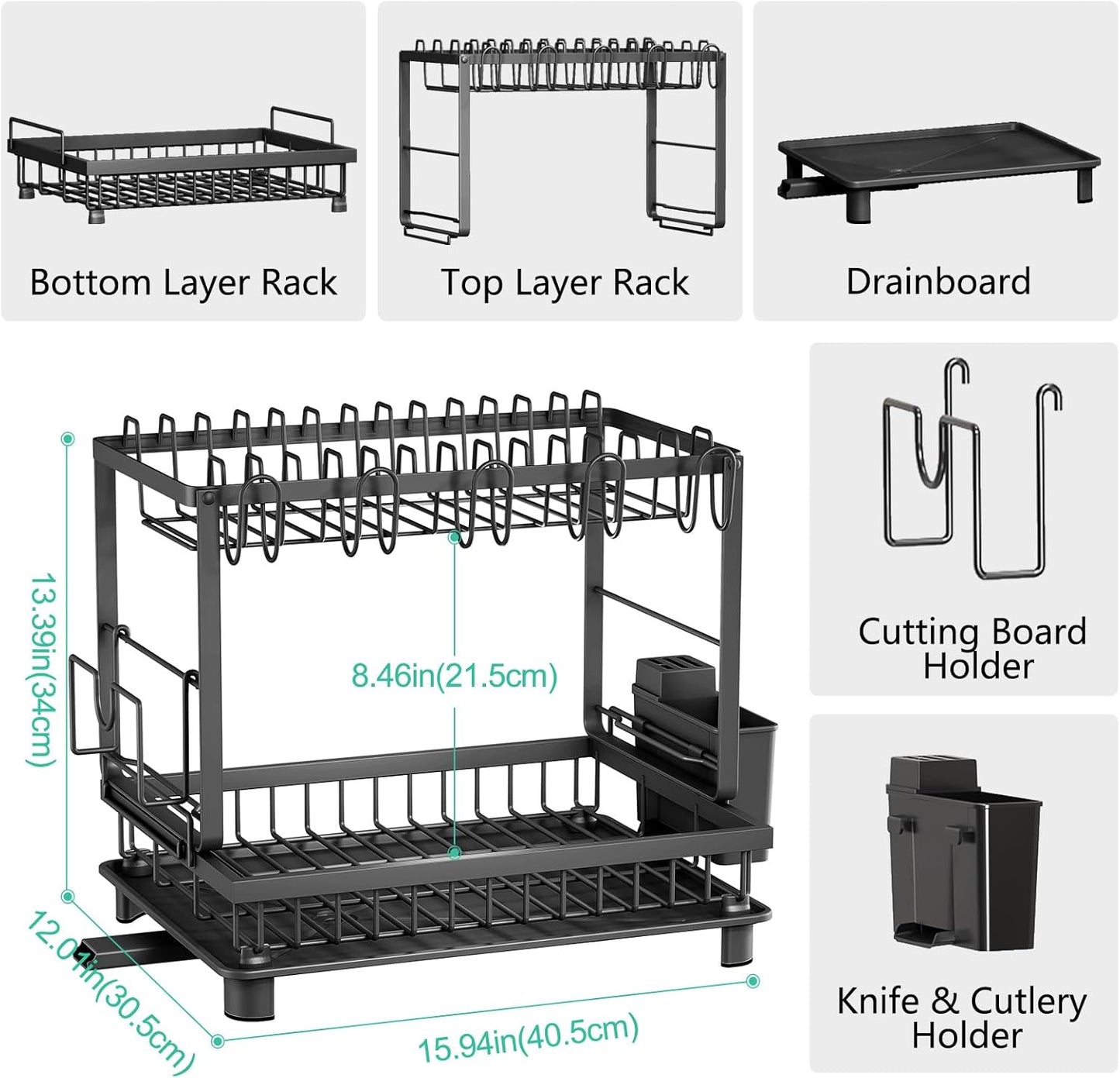 Dish Drying Rack, 2 Tier Space-Saving Dish Rack, Multifunctional Dish Drainer for Kitchen Counter with Drainboard/Utensil/Cup Holder Rustproof Carbon Steel, Black