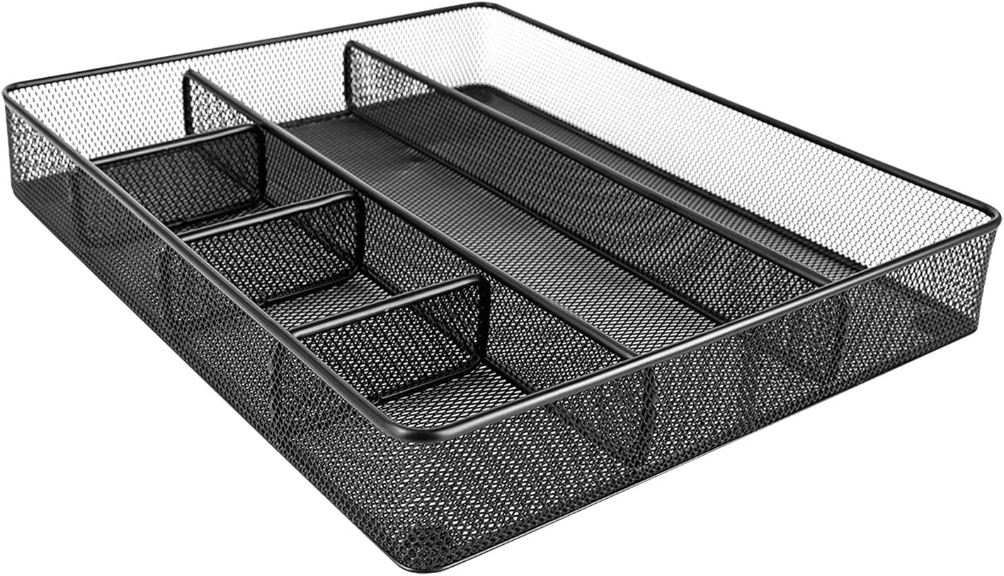 Amazon Basics Desk Drawer Organizer for Office and Home, Metal Mesh, Anti-Slip, 6 Compartments, Black