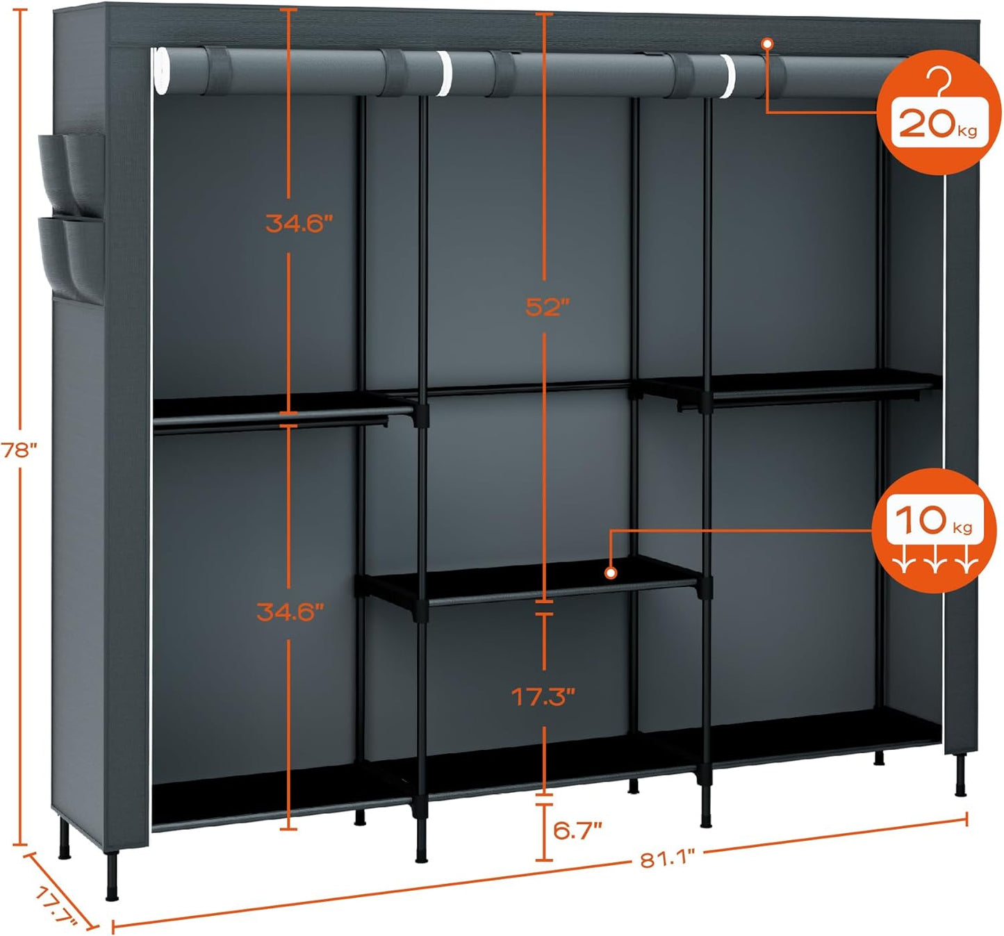 Clothes Rack, Portable Closet, 81.5 Inch Large Capacity Wardrobe Closet, Clothes Storage Organizer with Shelves and 5 Hanging Rods, Easy to Assembly, Grey PCT136G01