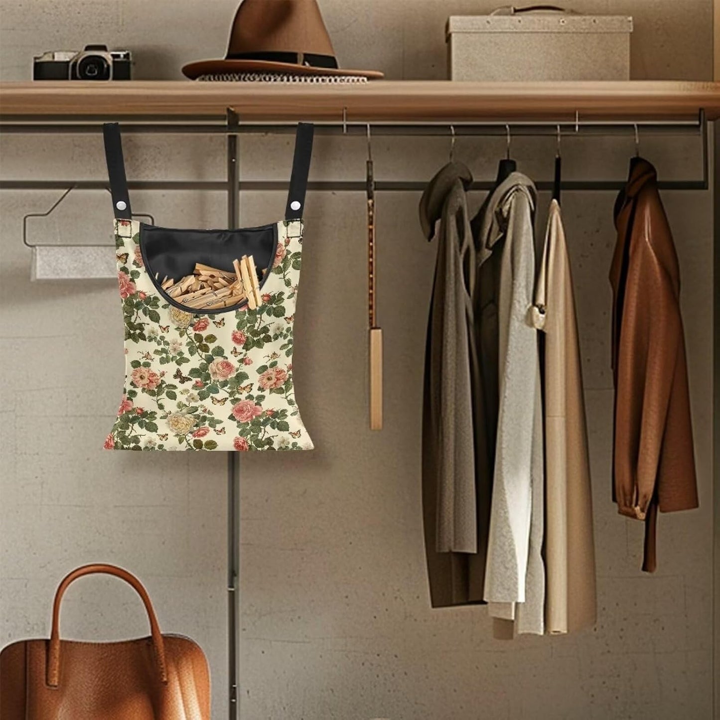 Floral Clothes Pin Hanging Bag with Hanging Rope 14.5 X 12 Inch Clothespin Bag for Clothes Pins and Clothespins - Heavy Duty Outdoor Use