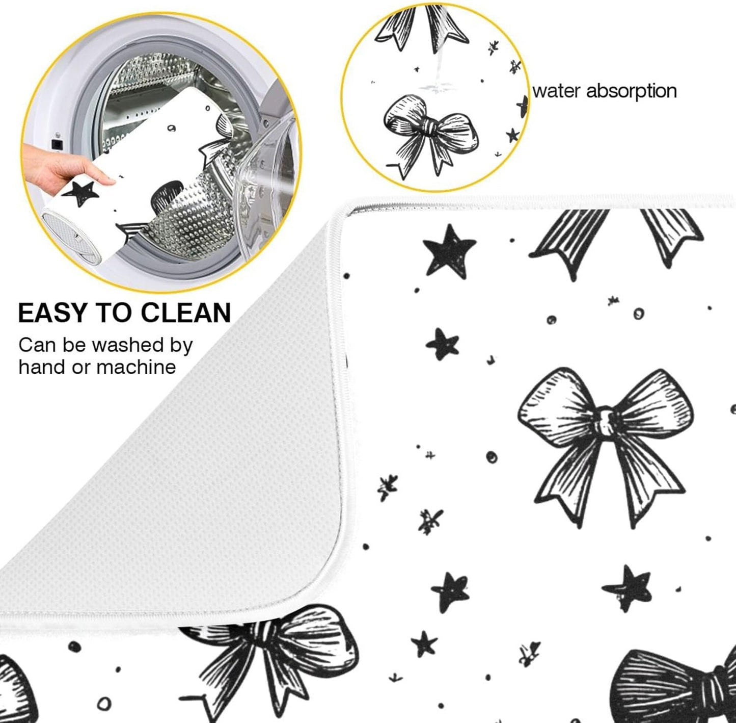 Black White Bowknot Dish Drying Mat for Kitchen Countertop 18x24 Rectangle Bow Large Drying Mat Reusable Quick Dry Dish Sink Absorbent Mats Dishwasher Easy Clean Decorative Home Decor Essentials