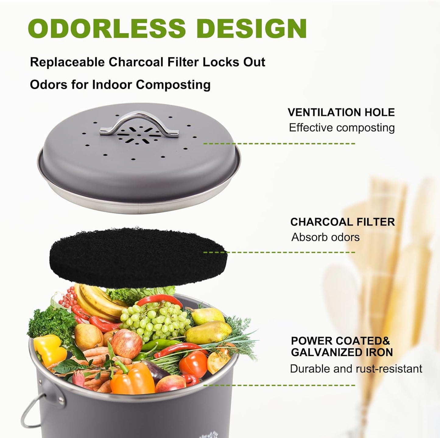 Kitchen Countertop Compost Bin, Odor Resistant Indoor Compost Bin with Lid and Charcoal Filter, Rust Resistant Coated Compost Bucket, Compost Container, Gray