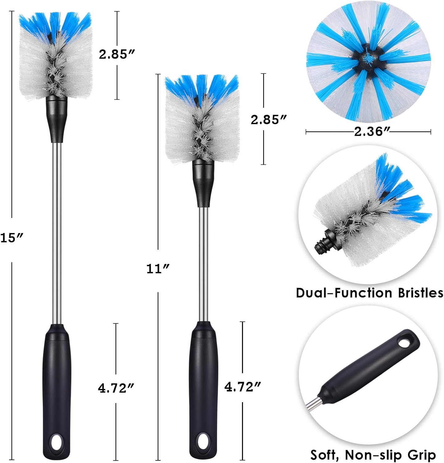 Stainless Steel Bottle Brush with Replaceable Head, 2 Pack Long Handle Scrubbing Brush for Water Bottles, Glasswares, Mugs, Flasks, Tumblers, Vases, and Kitchen Sink, 13 in - 15 in