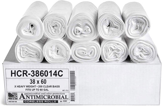 Aluf Plastics High Density Trash Bags, 60 Gallon, 200 Count, 14 Micron (eq), 38" x 60", Clear, for Bathroom, Office, Industrial, Commercial, Janitorial, Municipal, Recycling