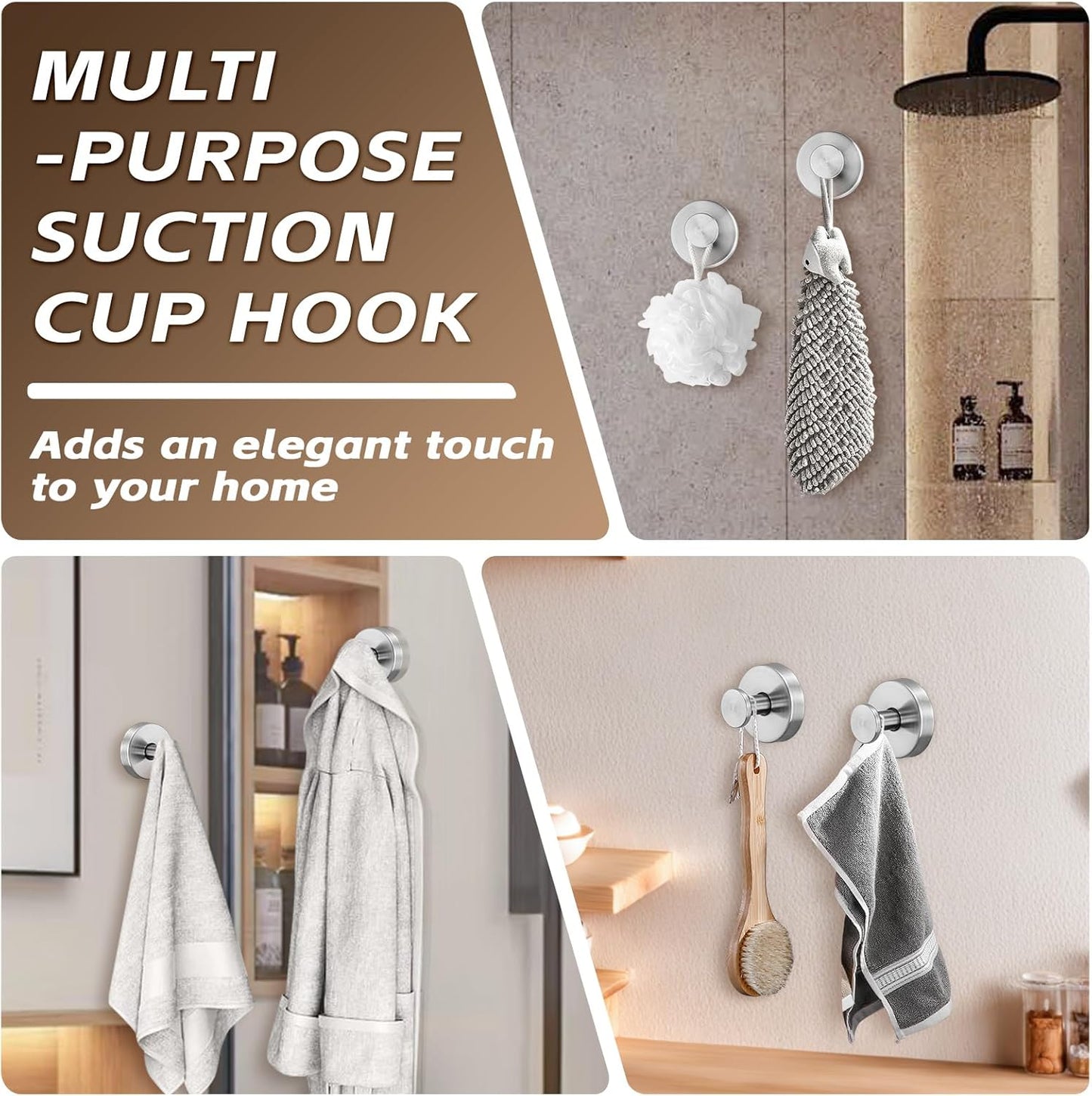 Reusable Heavy Duty Suction Cup Hooks for Kitchen/Bathroom/Shower - Wet-Proof Hooks for Towels, Robes, Loofah&Wreaths/No Drill Mounting on Glass, Tile, Metal (4, Brushed Nickel)