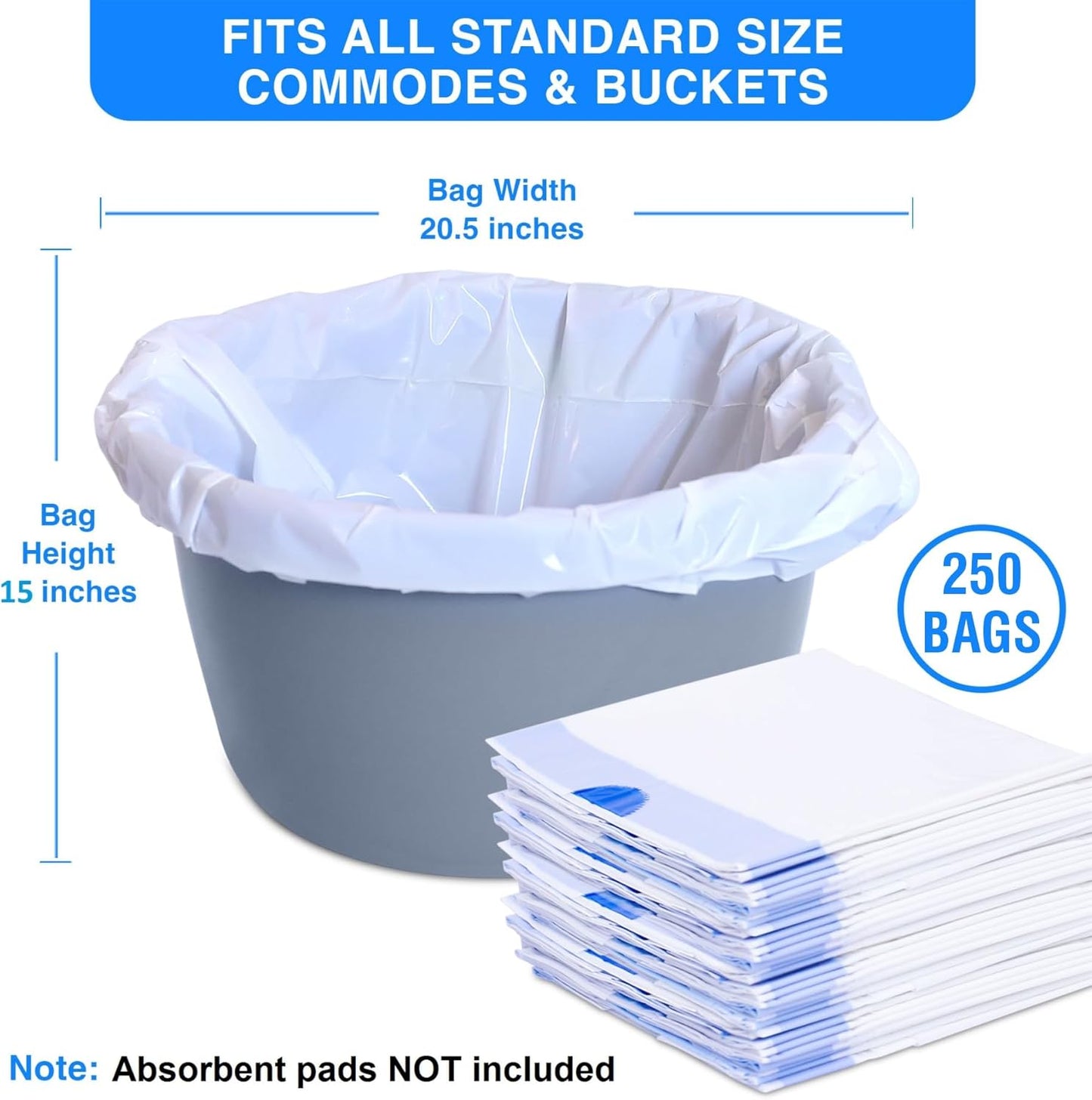 Disposable Potty liners - 250, Bed side commode Liners, Portable Toilet Bag, Potty Bags for Portable Toilet, Potty Chair Liners, Toilet Liners, Commode Bags - Leak Proof & Odorless