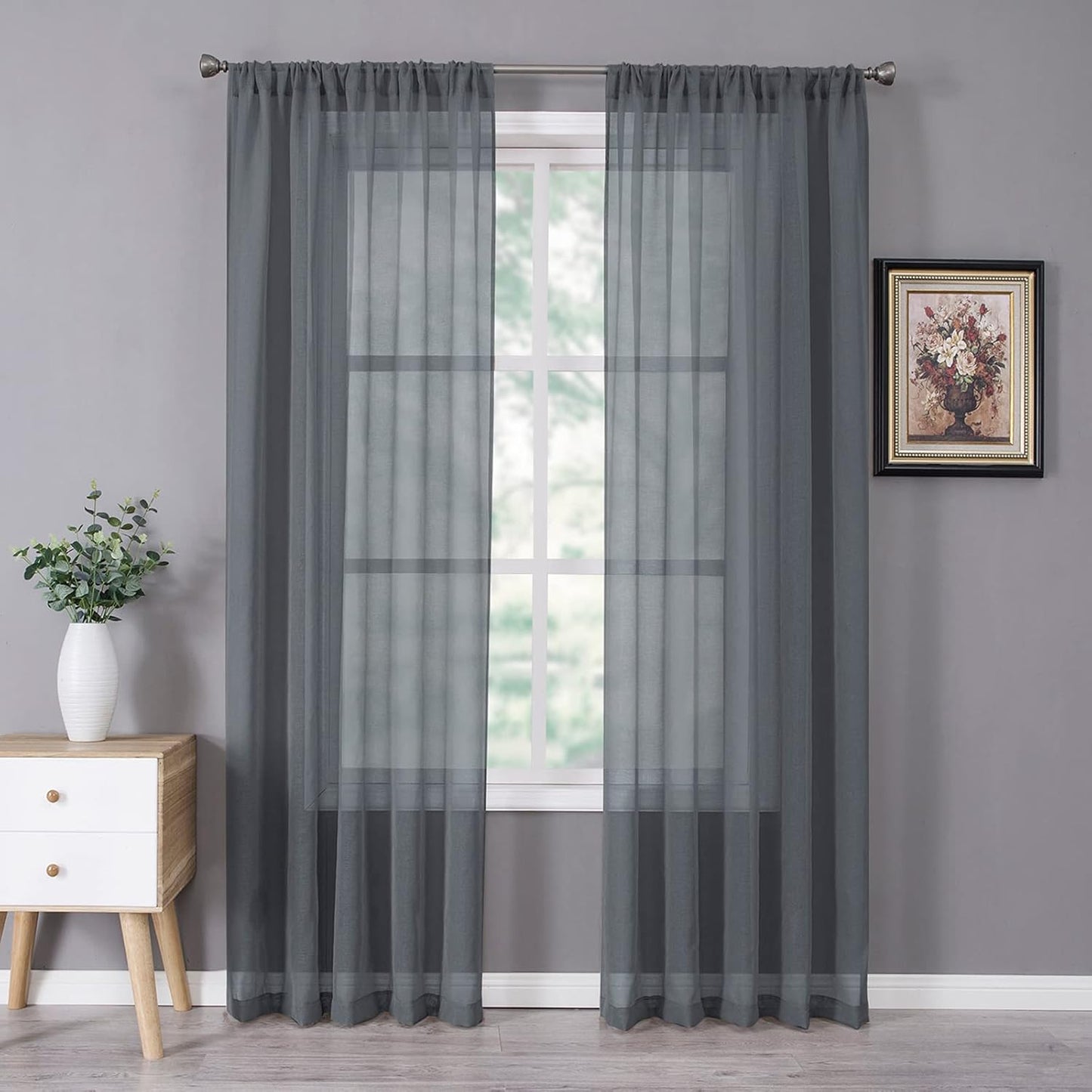 Tollpiz Sheer Curtain Linen Textured Living Room Curtains Sheer Light Filtering Rod Pocket Voile Curtain for Bedroom, 54 x 72 inches Long, Dark Grey, Set of 2 Panels
