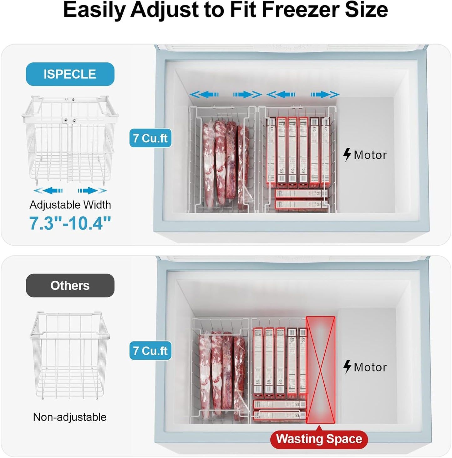 iSPECLE Chest Freezer Organizer Bins - 6 Pack Large Adjustable Freezer Organizer Bins for 5 to 9 Cu.FT Deep Freezer, Easy Access & Stackable Chest Freezer Organizer Hold More Food, White