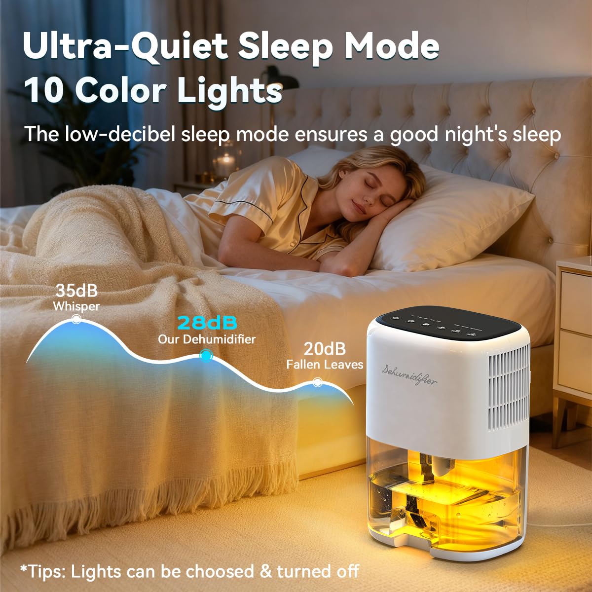 Small Dehumidifier for Home 44OZ Quiet with Auto Off & Defrost 5 Timers 3 modes 10 Color Lights 3