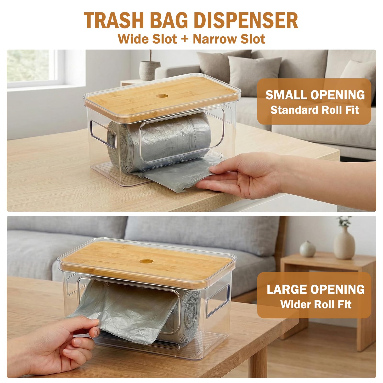 Trash Bag Dispenser, Stackable with Bamboo Top – Extra Large Garbage Bag Holder & Under Sink