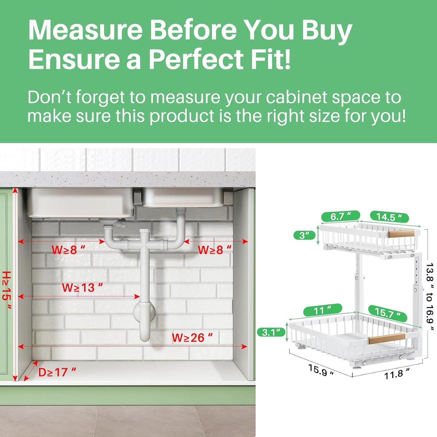 Under Sink Organizer, 2 Packs 2 Tier Under Sink Organizers and Storage, Slide out Pull out Cabinet Organizer Shelf, Metal Sliding Drawer for Kitchen Bathroom Pantry Closet Rack(White)