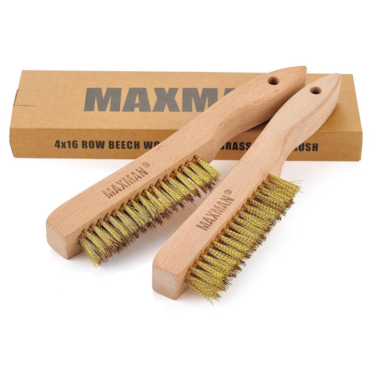 MAXMAN Brass Brush, Soft Brass Bristle Brush, Wire Brushes for Cleaning Metal Rust, Welds with 10" Beechwood Handle, 2 Pcs