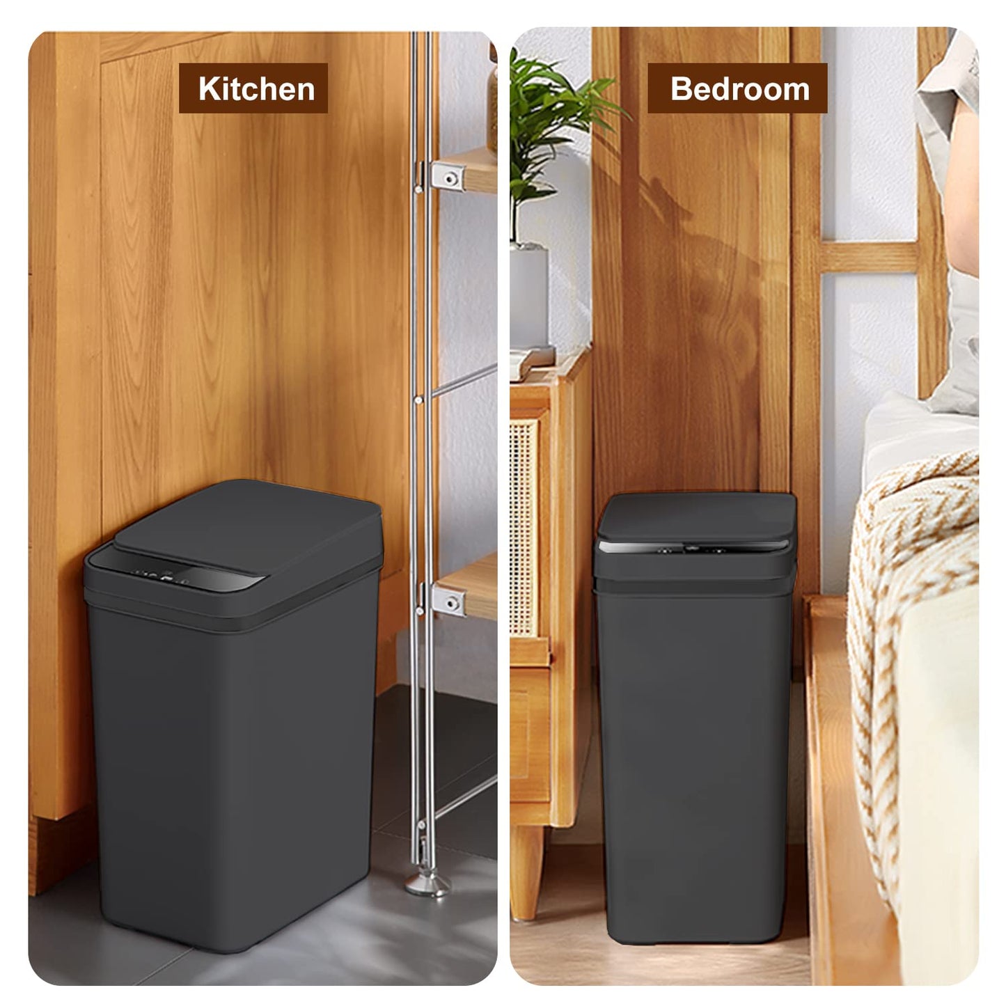 Yatmung 2 Pack - Skinny Trash Bin Sensor Motion 2.5 Gallon Touchless Bathroom Trash Can - Smart Trash Can with Lid - Electric, Narrow, Plastic, Auto Open - Small Slim Automatic Garbage Can (Black)