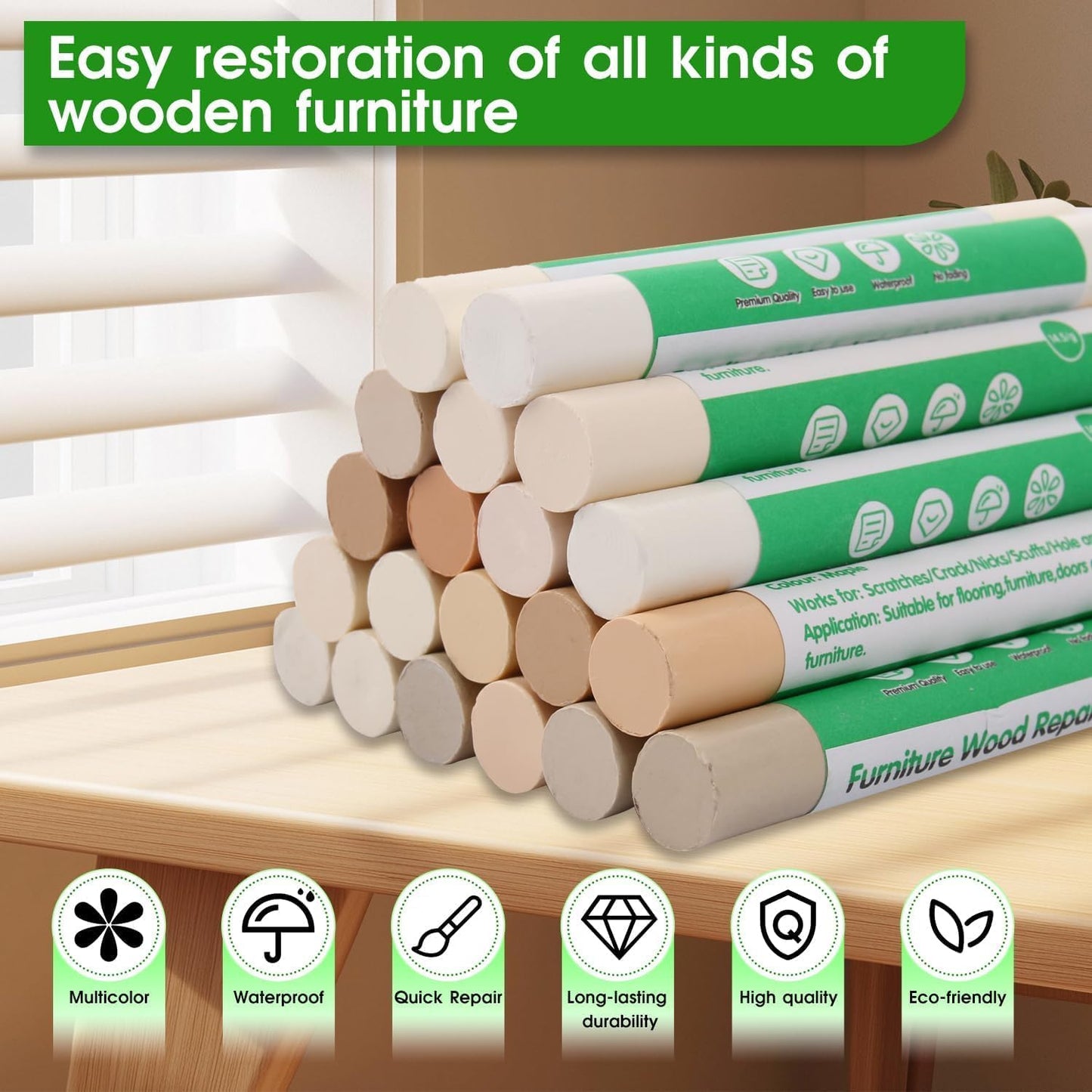 Furniture Markers Touch Up, 20 Colors Wood Filler Sticks, Wood Wax Crayons for Repairing Scratches, Scuffs, Cracks, Holes on Furniture, Floors, Cabinets, Tables, and Doors - Light Color Series