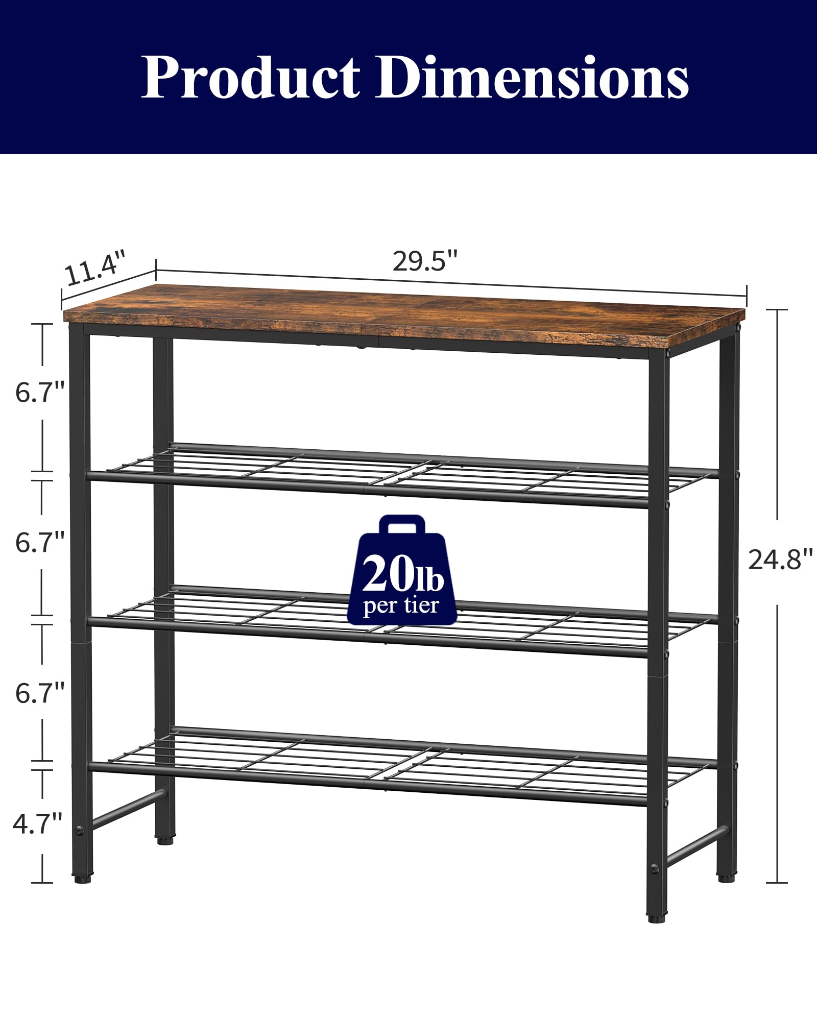 Kitsure Shoe Rack for Closet, Shoe Storage, 29.5" Wide - 4 Tier, Brown