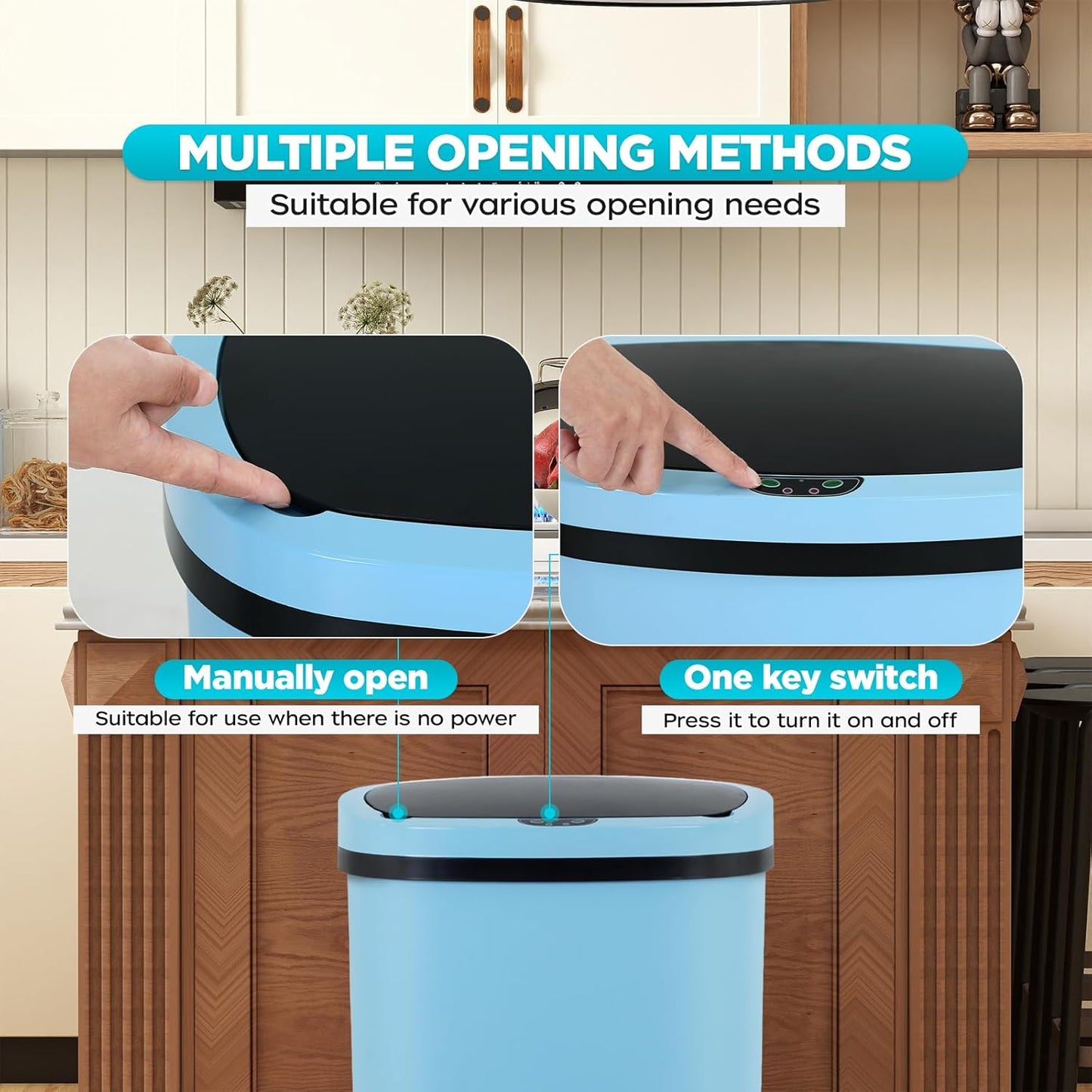 Automatic Motion Sensor Bathroom Trash Can with Lid, 13 Gallon Touchless Trash Bin, Smart Dog Proof Garbage Can, Touch Free Waste Basket for Toilet, Office, Bedroom,Blue,2