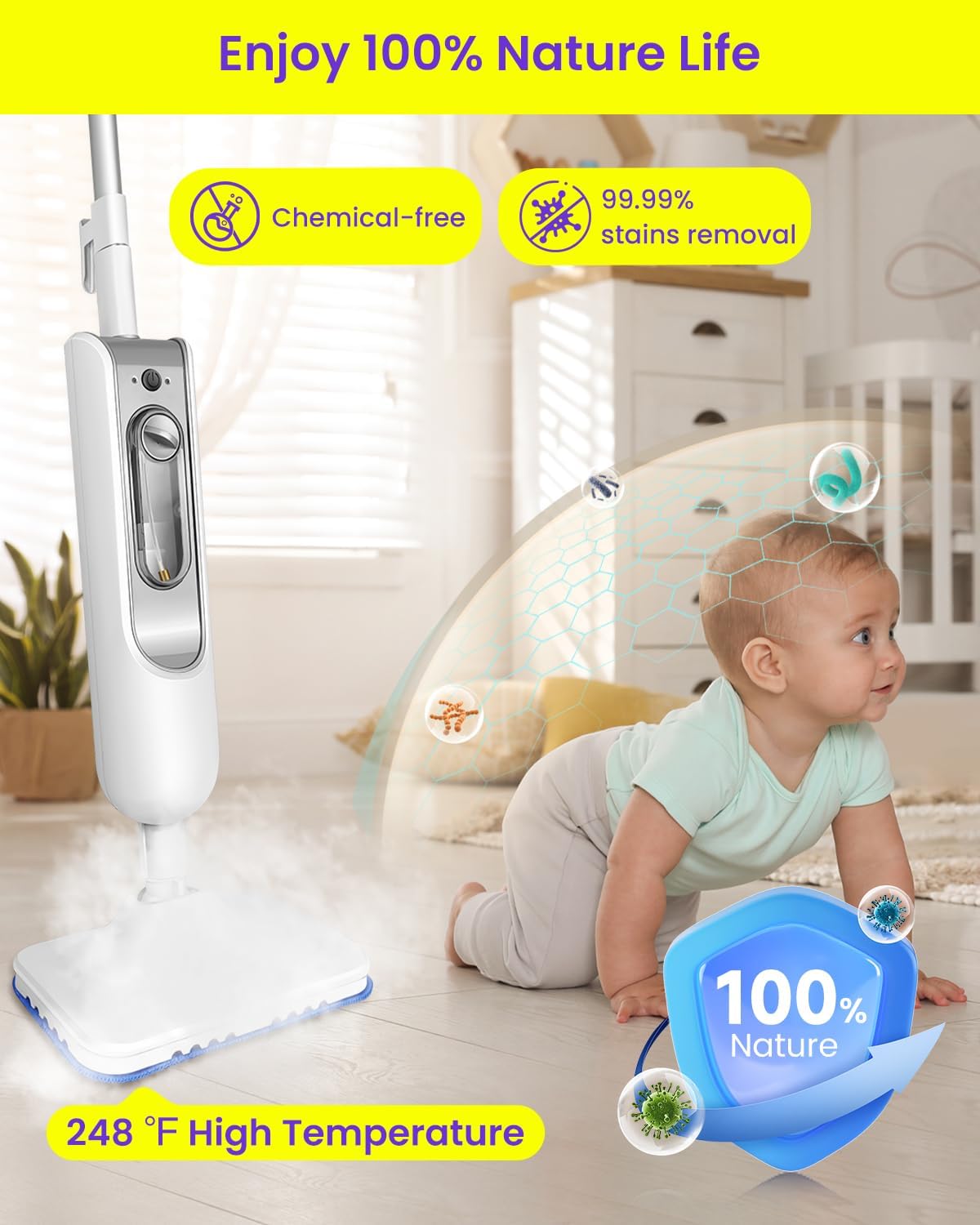 Steam Mop for Floor Cleaning, Effortless Ergonomic Design Floor Steamer for Hardwood and Tile, Adjustable Steam Modes, 1500W High Power, 16.4ft Cord, 400Ml XL Tank, 2 Washable Pad