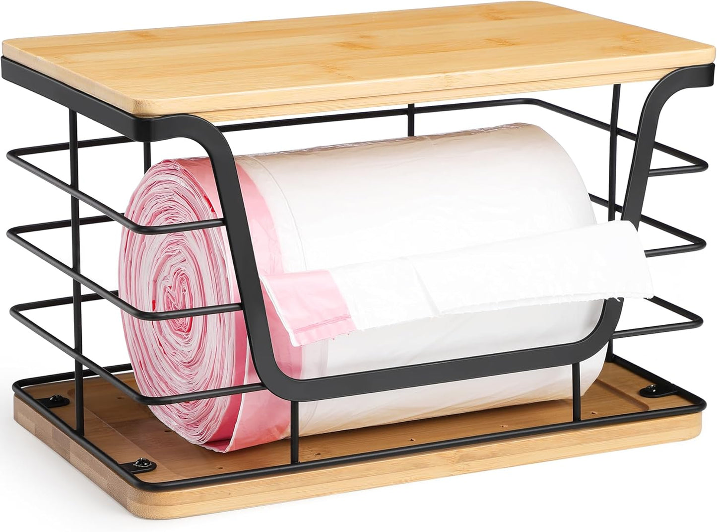 ALOCEO Extra Large Trash Bag Dispenser With Bamboo Top, Stainless Steel Stackable Garbage Bag Holder for Giant Trash Bags, Black