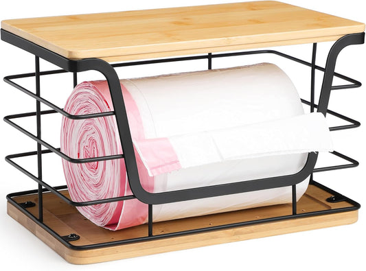 ALOCEO Extra Large Trash Bag Dispenser With Bamboo Top, Stainless Steel Stackable Garbage Bag Holder for Giant Trash Bags, Black