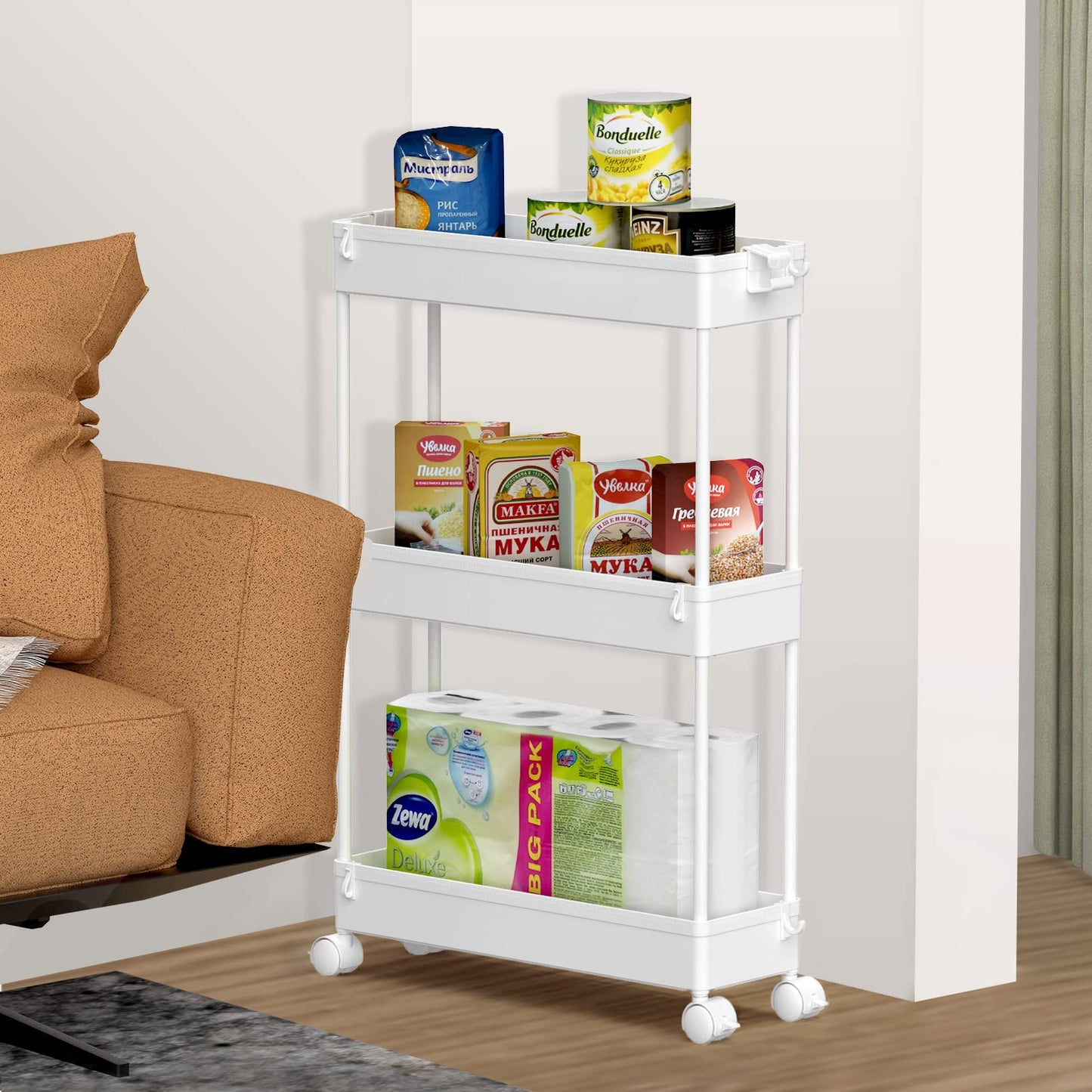 SPACELEAD Slim Storage Cart 3 Tier,Bathroom Organizer Rolling Utility, Mobile Shelving Unit Slide