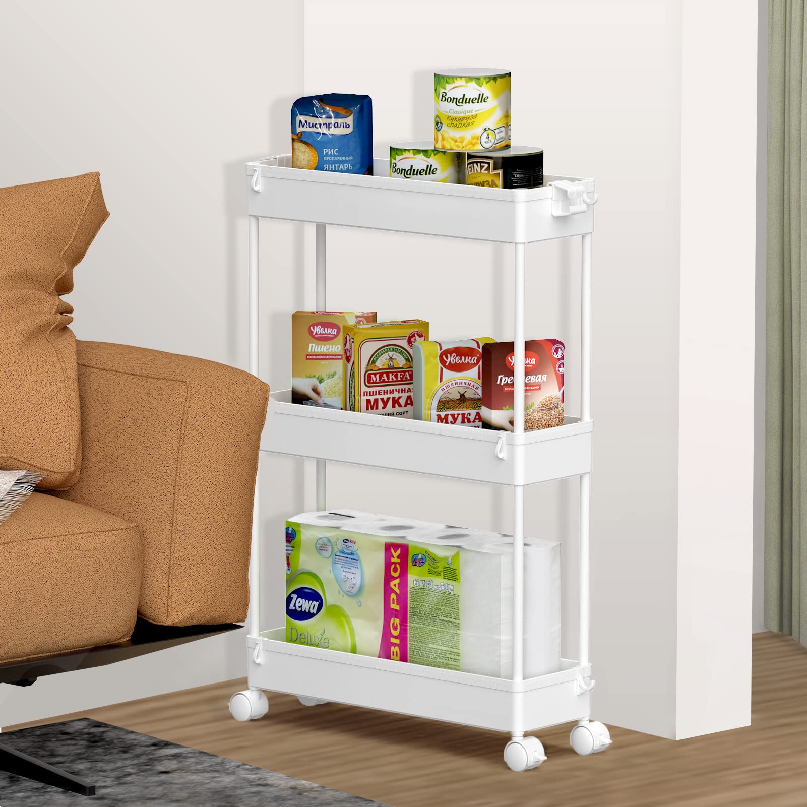 SPACELEAD Slim Storage Cart 3 Tier,Bathroom Organizer Rolling Utility, Mobile Shelving Unit Slide