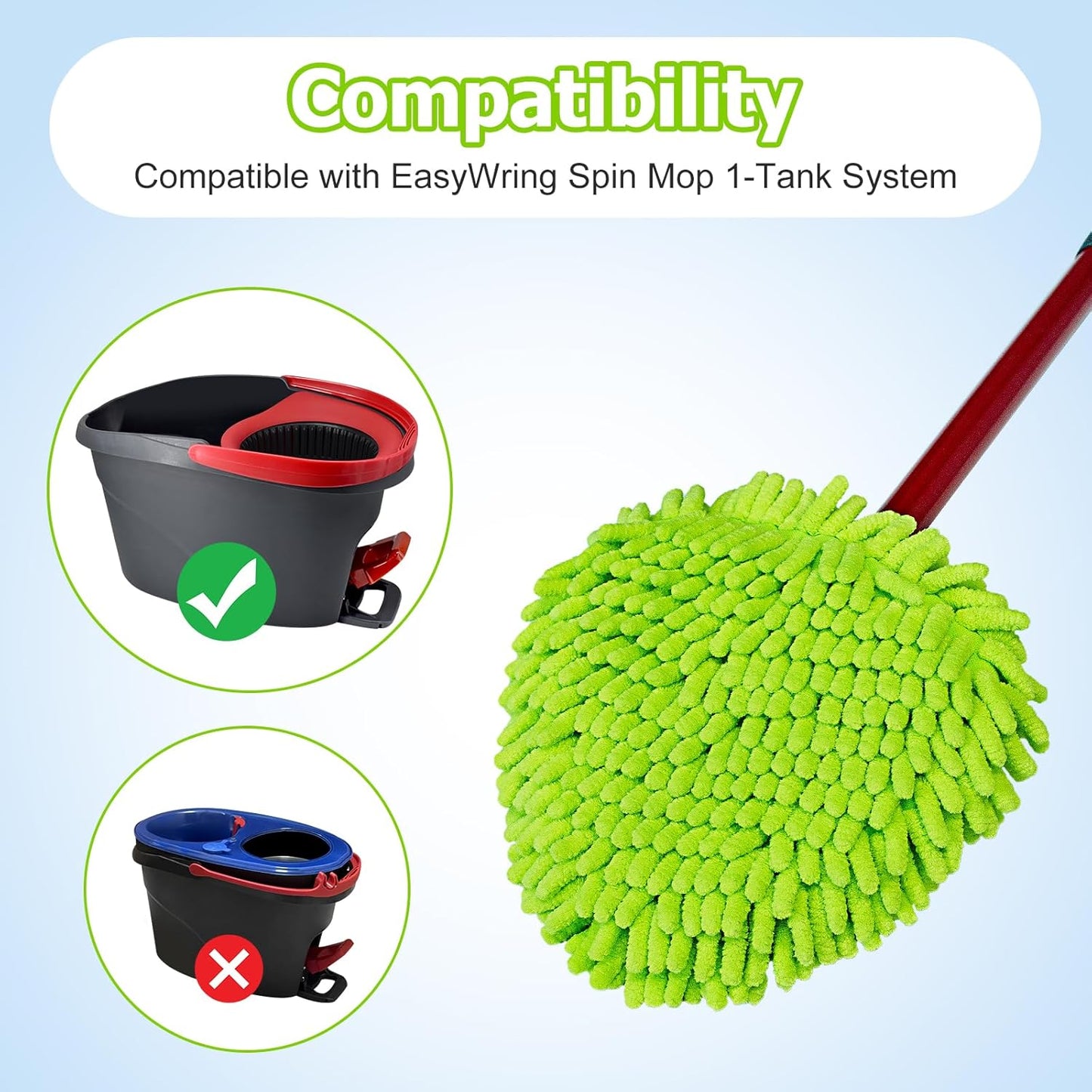 Mop Replace Heads for Ocedar Mop Heads Replacements Easywring 1-Tank System,Spin Mop Replacement Head for Floor Clean,2 Pack Chenille Mop Refills,Washable and Reusable Mop Head Replacement,Green
