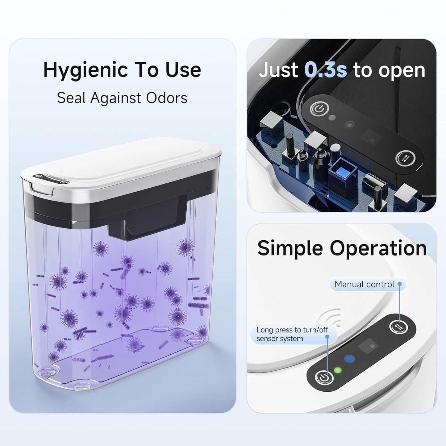 TIPGO Automatic Motion Sensor Bathroom Trash Can with Lid, 2.6 Gallon Touchless Trash Bin, Smart Garbage Can Plastic Slim Wastebasket for Bedroom, Office, Dorm (White)