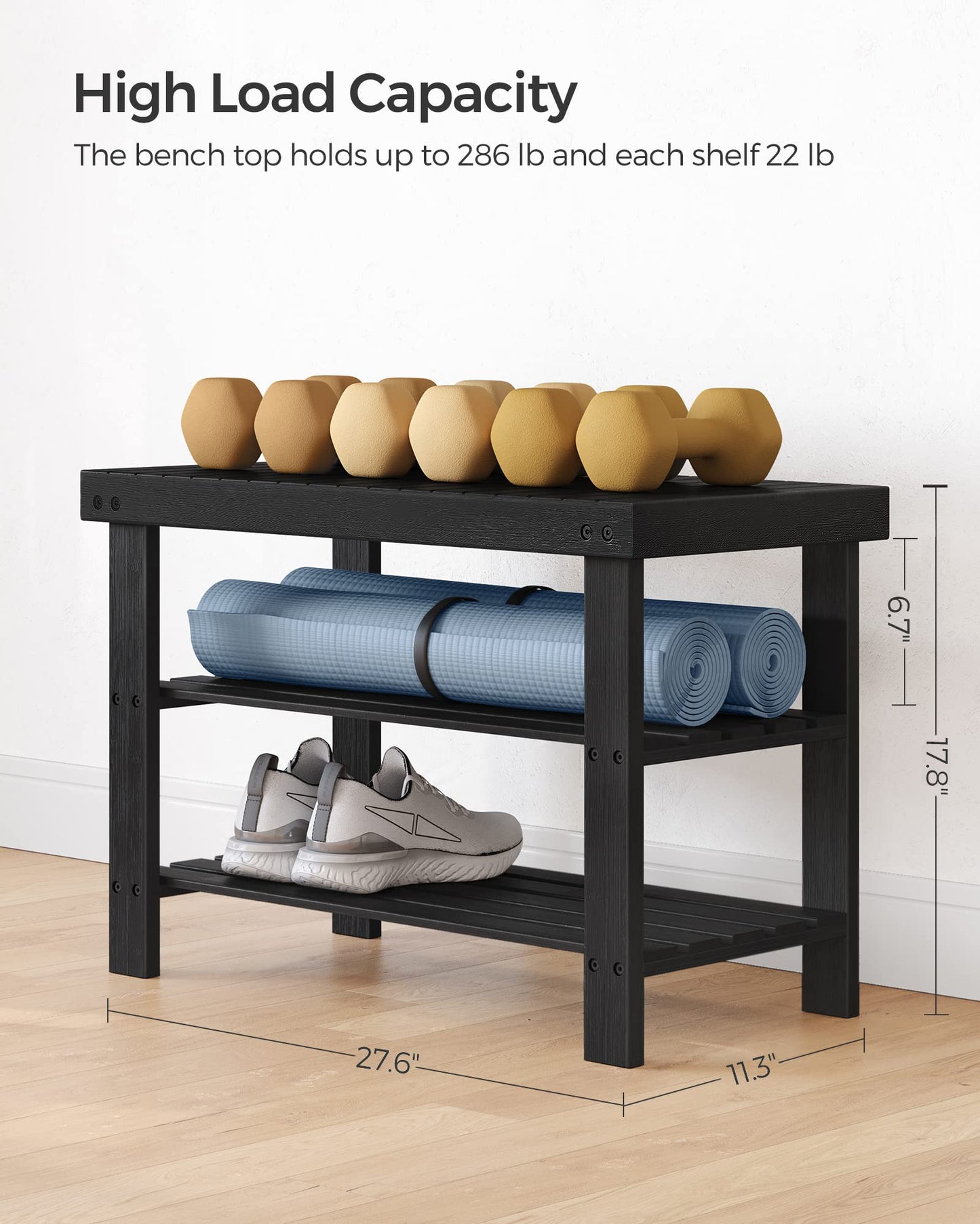 SONGMICS Shoe Rack Bench, 3-Tier Bamboo Shoe Storage Organizer, Entryway Bench, Holds Up to 286 lb