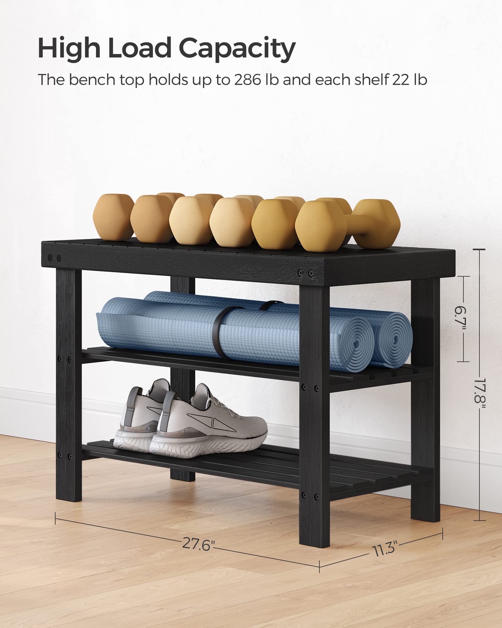 SONGMICS Shoe Rack Bench, 3-Tier Bamboo Shoe Storage Organizer, Entryway Bench, Holds Up to 286 lb