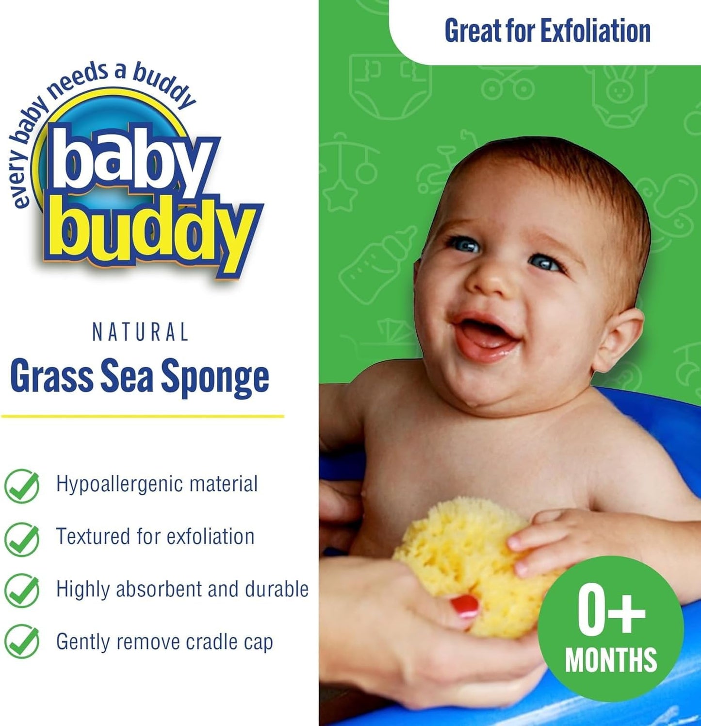 Baby Buddy Absorbent Natural Bath Sponge, Soft Exfoliating Grass Sponge, Soft on Baby's Tender Skin, Bath Accessories Baby and Kids, Infant Bath, Biodegradable, Hypoallergenic, 3pk, 4in