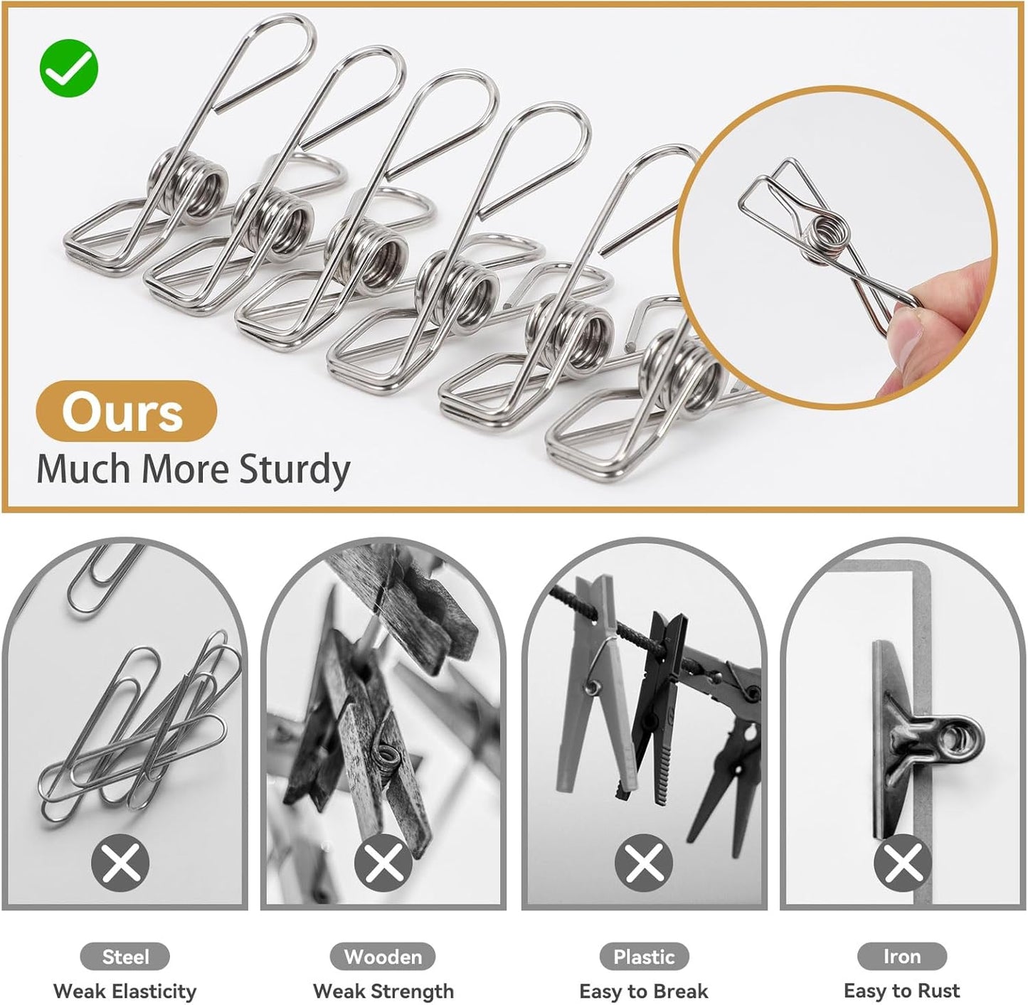 40 Pack Clothes Pins Heavy Duty, Metal Clothespins Assorted Size Include Extra Large, 304 Stainless Steel Clothes Pins with Waterproof Bag, 2.4/2.6/3.4 Inch Laundry Clips Outdoor
