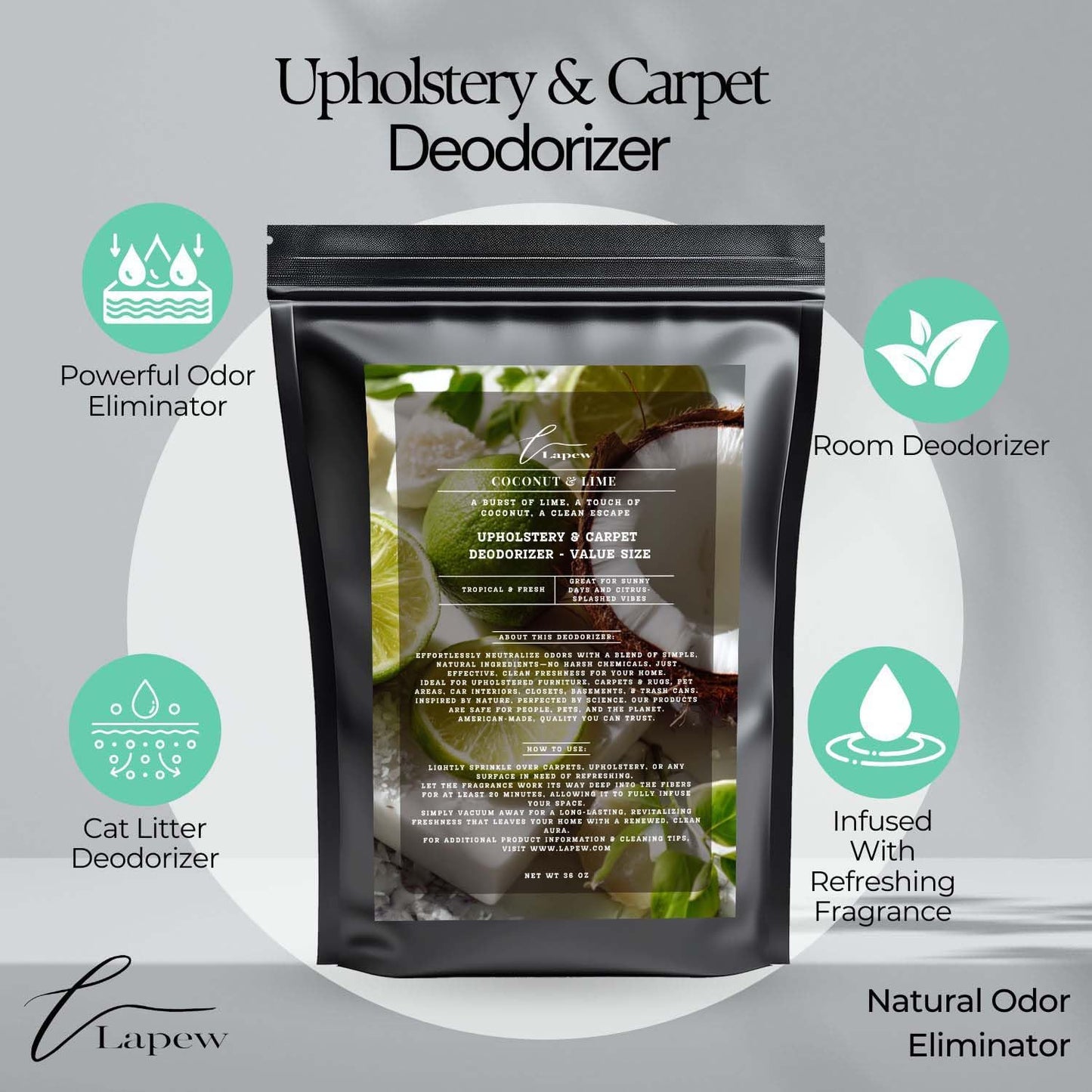 Coconut & Lime Carpet Freshener Powder Refill 36 oz | Powerful Odor Eliminator for Home | Upholstery Deodorizer | Carpet Deodorizer | Pet Urine | Cat Litter Box | Coconut Lime Verbena Fragrance