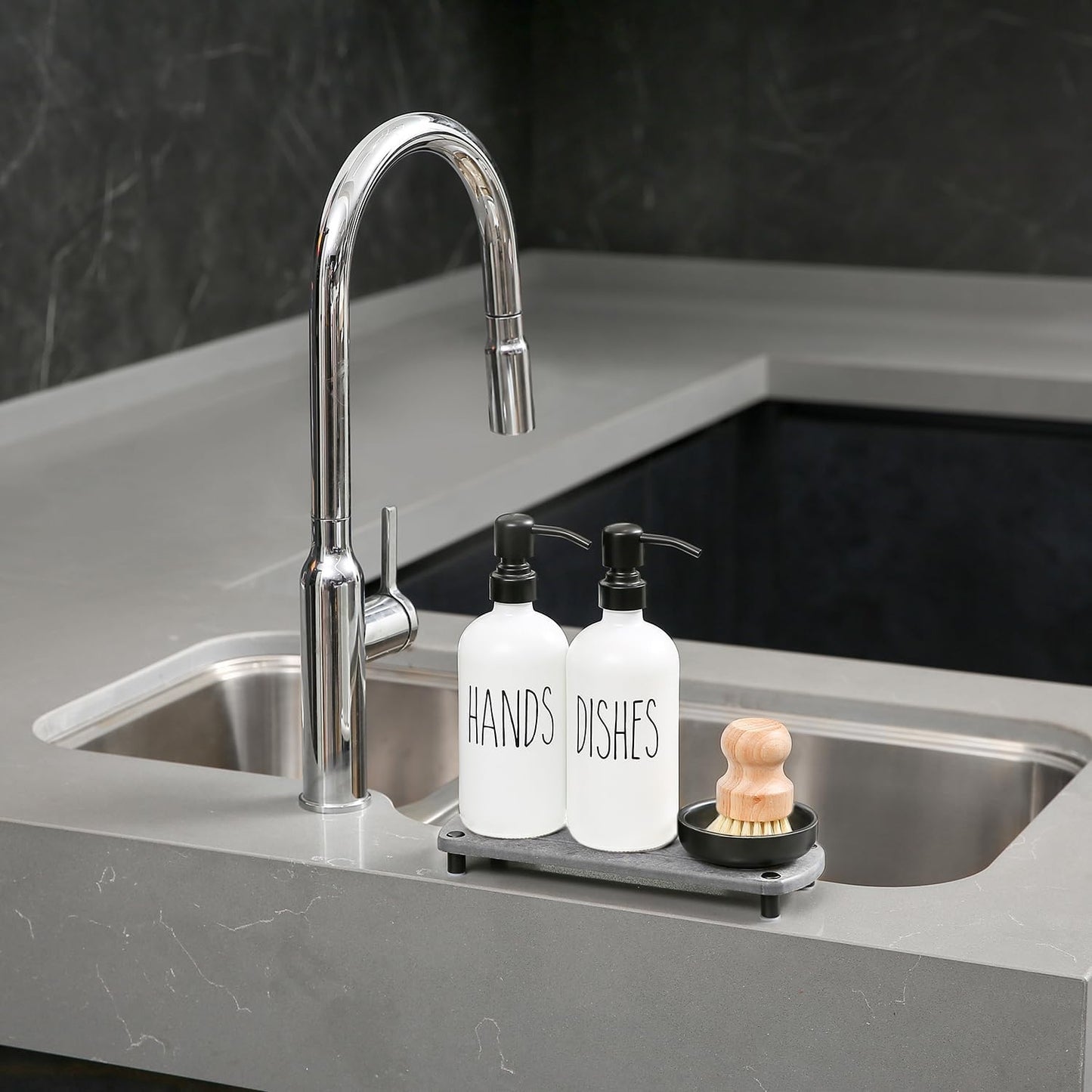 MOMEEMO White Soap Dispenser Set Comes with Stainless Pumps, Black Instant Dry Tray, and Dish Scrub Brush, Suitable for Kitchen Decor and Accessories. (White & Black)