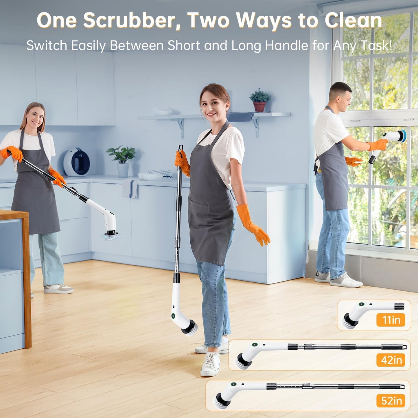 Electric Spin Scrubber, Cordless Shower Scrubber with 8 Scrub Brush, 2 Speed with Adjustable Extension Handle, Battery Level Display, Power Scrubber for Bathroom Bathtub Tile Floor (Black)