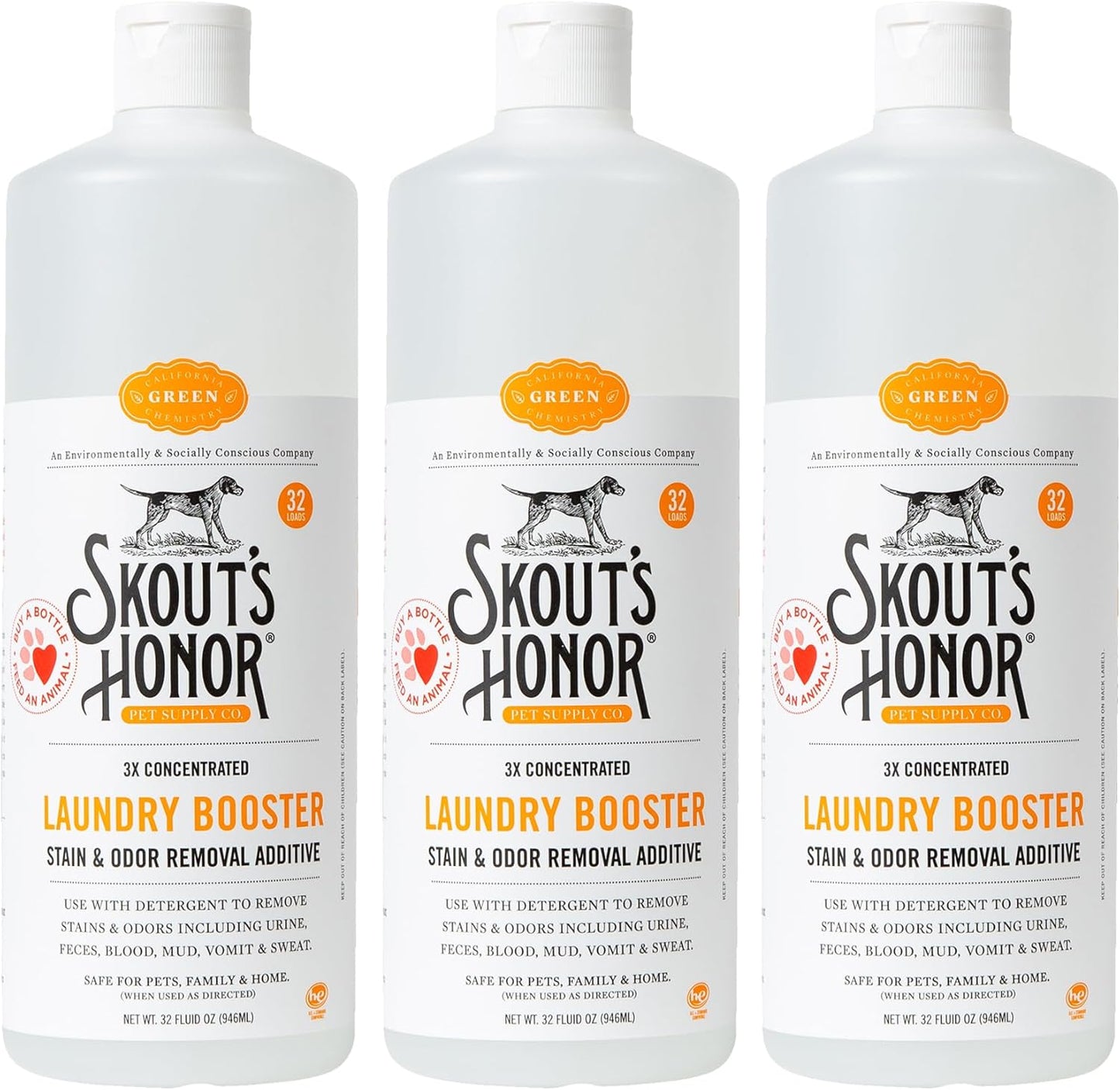 Skout's Honor Laundry Booster Stain & Odor Removal Additive - Plant-Powered Formula for Pet Bedding, Clothing, and Washable Pee Pads - Eco-Friendly & Cruelty-Free, 32 oz - 3 Pack
