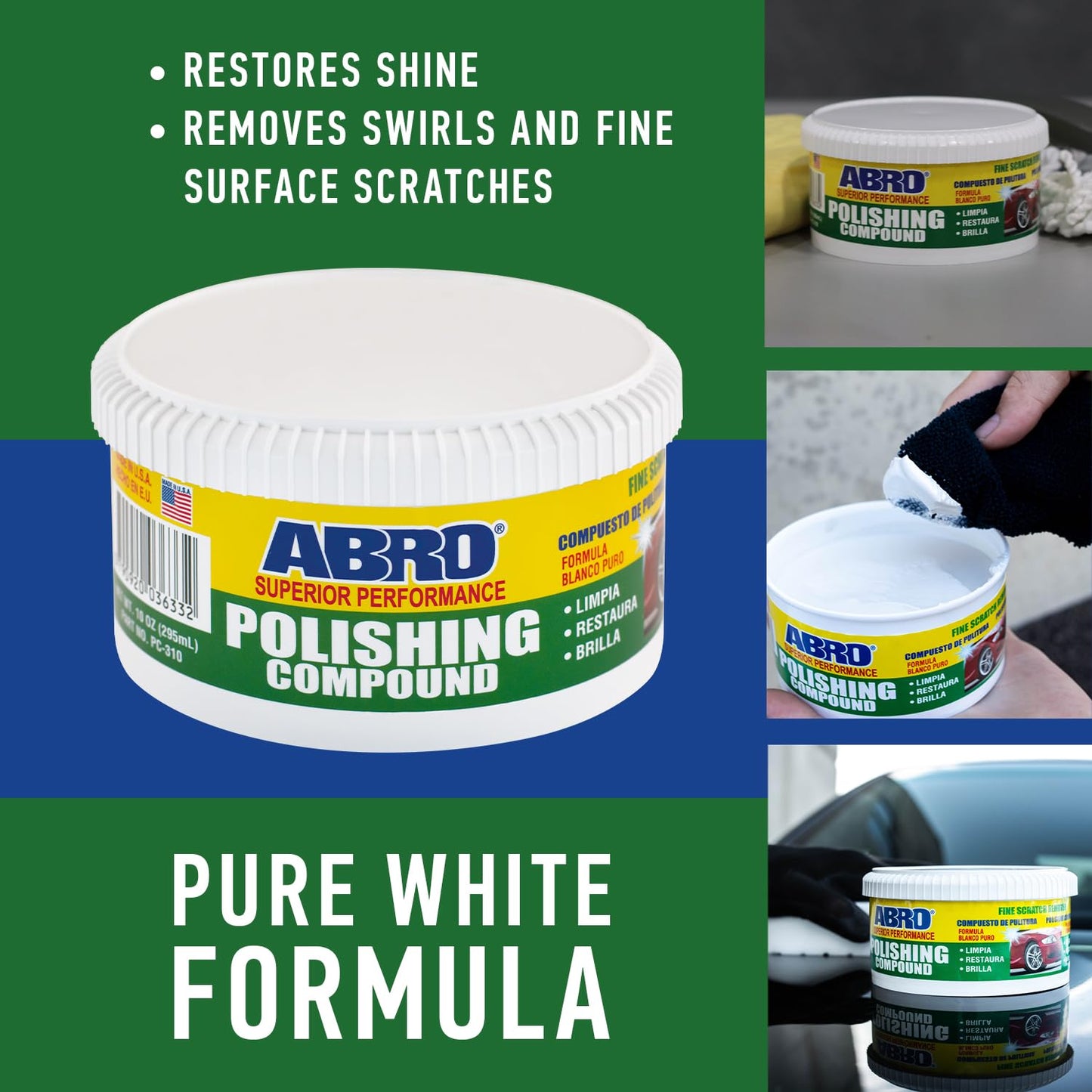 ABRO Superior Performance Car Polishing Compound for Oxidized Finishes, Buff, Shine, Smooth, & Clean, Scratch Remover for Vehicles, Boats, & Bikes - 10 oz.