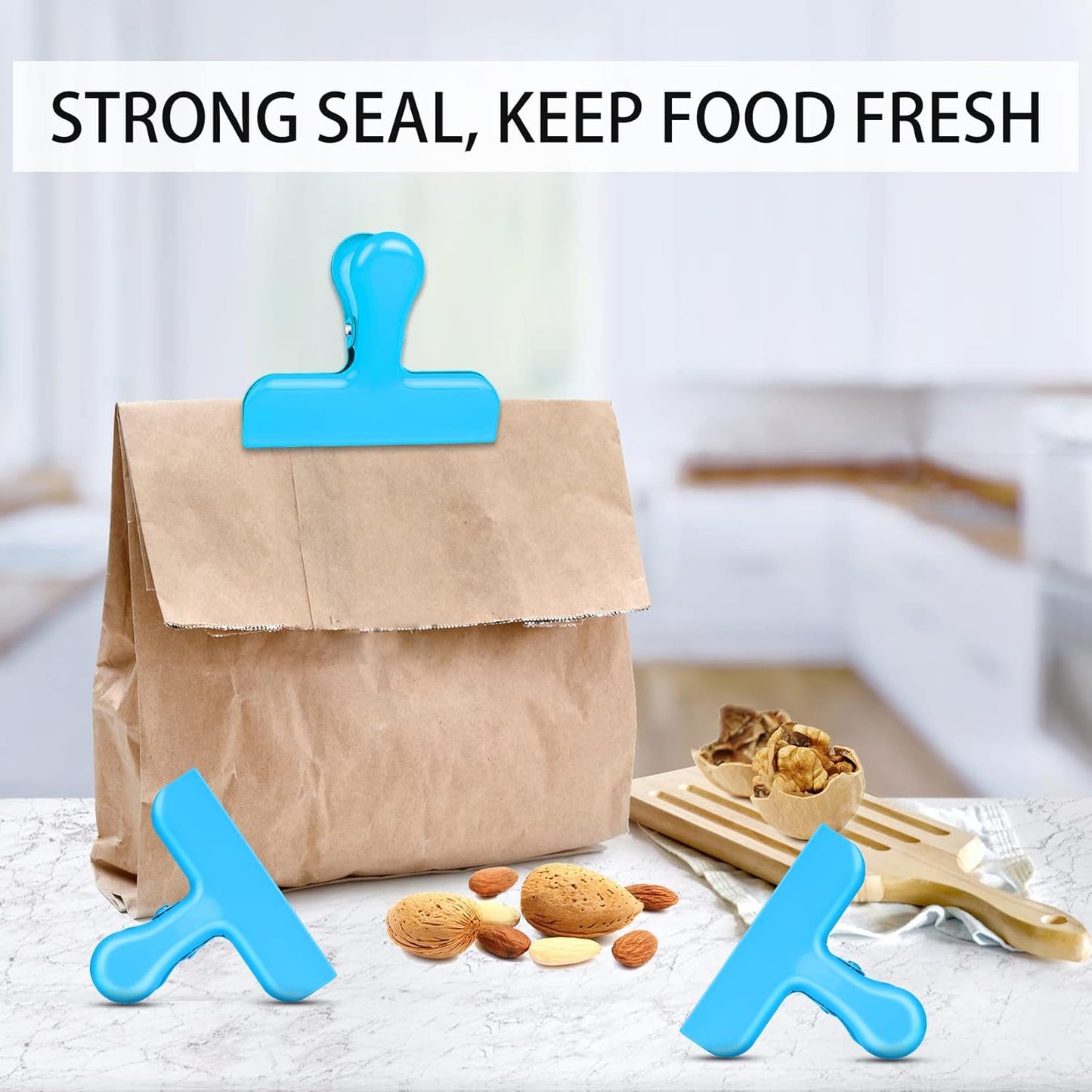 Bag Clips Heavy Duty Stainless Steel Chip Clips, Food Bags Clamp Great for Kitchen Office to Seal Coffee Bags, Paper Sheets - Pack of 8（Blue）