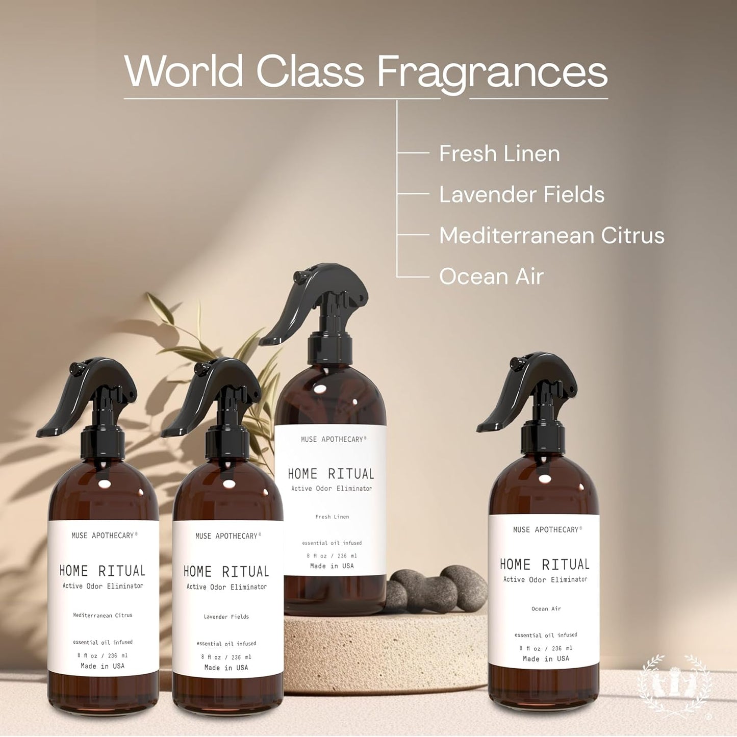 Muse Apothecary Home Ritual Active Odor Eliminator Spray - Furniture Deodorizer Spray & Bathroom Odor Eliminator for Home - Essential Oil Air Freshener - 8oz, Fresh Linen