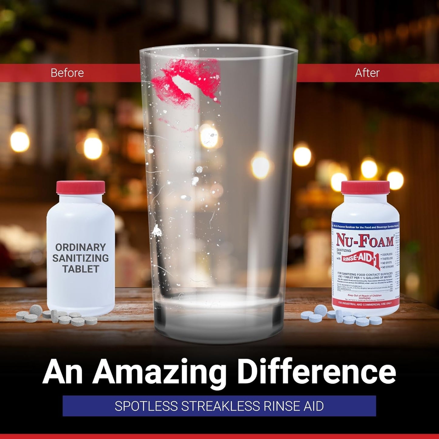 Nu-Foam Sanitizing Tablets for Bar Glassware – Superior Rinse Aid - Hand Washing Bar, Tavern, Brewery Supplies - Spotless Serving Glasses - 6 Jars 600 Tablets/ 3600 Quarts (6 Pack 600 Tablets)