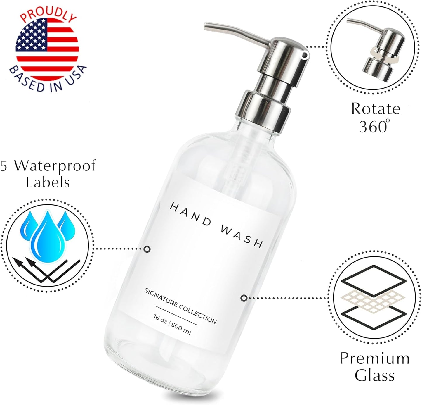 Emerson Essentials Glass Soap Bottle Dispensers, 2 Pack, Stainless-Steel Pumps Rust-Free, Hand Set for Bathroom Kitchen Sink, Liquid Lotion Shampoo Jars with 4 Waterproof Labels, 16 Oz Chrome