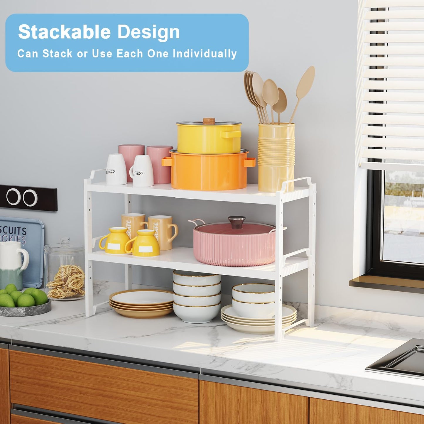 Set of 2 Expandable Kitchen Cabinet Shelves Organizers, Stackable Adjustable Small Storage Shelf