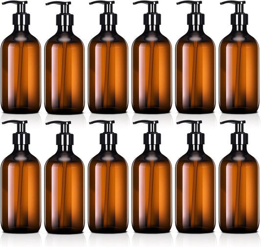 Tessco for you 12 Pack Amber Soap Dispenser Empty Plastic Pump Bottles Dispenser Refillable Shampoo Container for Hand Sanitizer Soap Lotion Body Wash Conditioner Bathroom Kitchen Travel(12 oz)