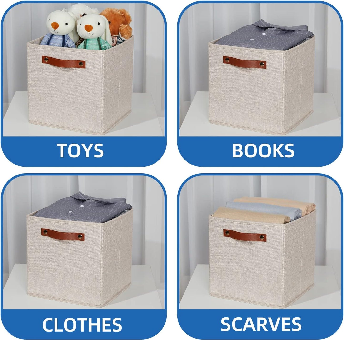 Temary 11x11 Storage Cubes Fabric Storage Cubes Storage Bins with Dual Leather Handles Canvas Storage Boxes for Organizing Home, Shelf, Closet (Beige, 11 x 11 x 11)