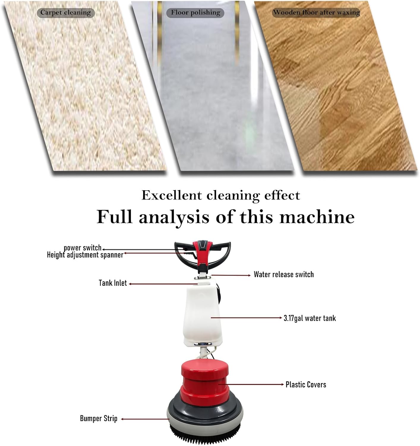 1100W Red Floor Polisher Commercial Floor Cleaner Polishing Machine Carpet Buffer Scrubber with 3gal Water Tank and 17" Base 154Rpm AC110V
