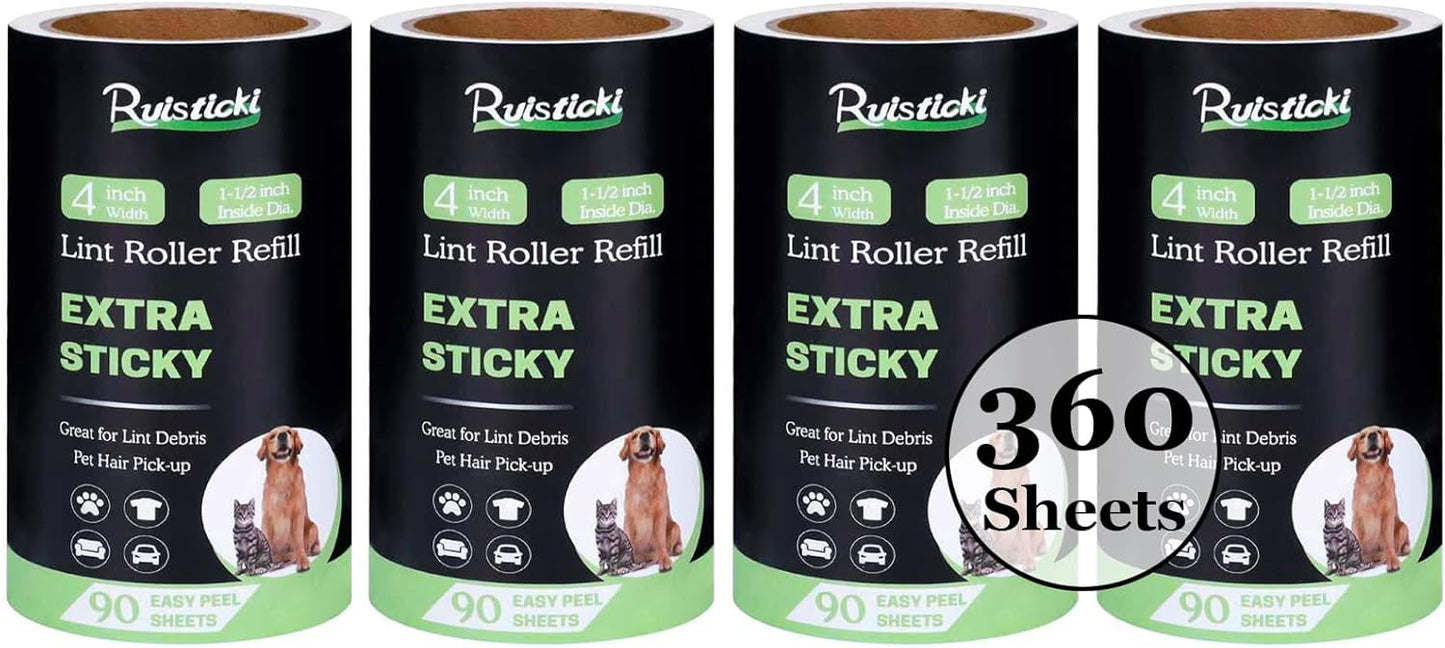 4 inch Lint Roller Refills for Amazon IKEA Evercare and Others, Extra Sticky Lint Remover Roller Refills 4 Pack, 90 Sheets per Refill, 360 Sheets Total (Inside Dia. 1 1/2 inch)